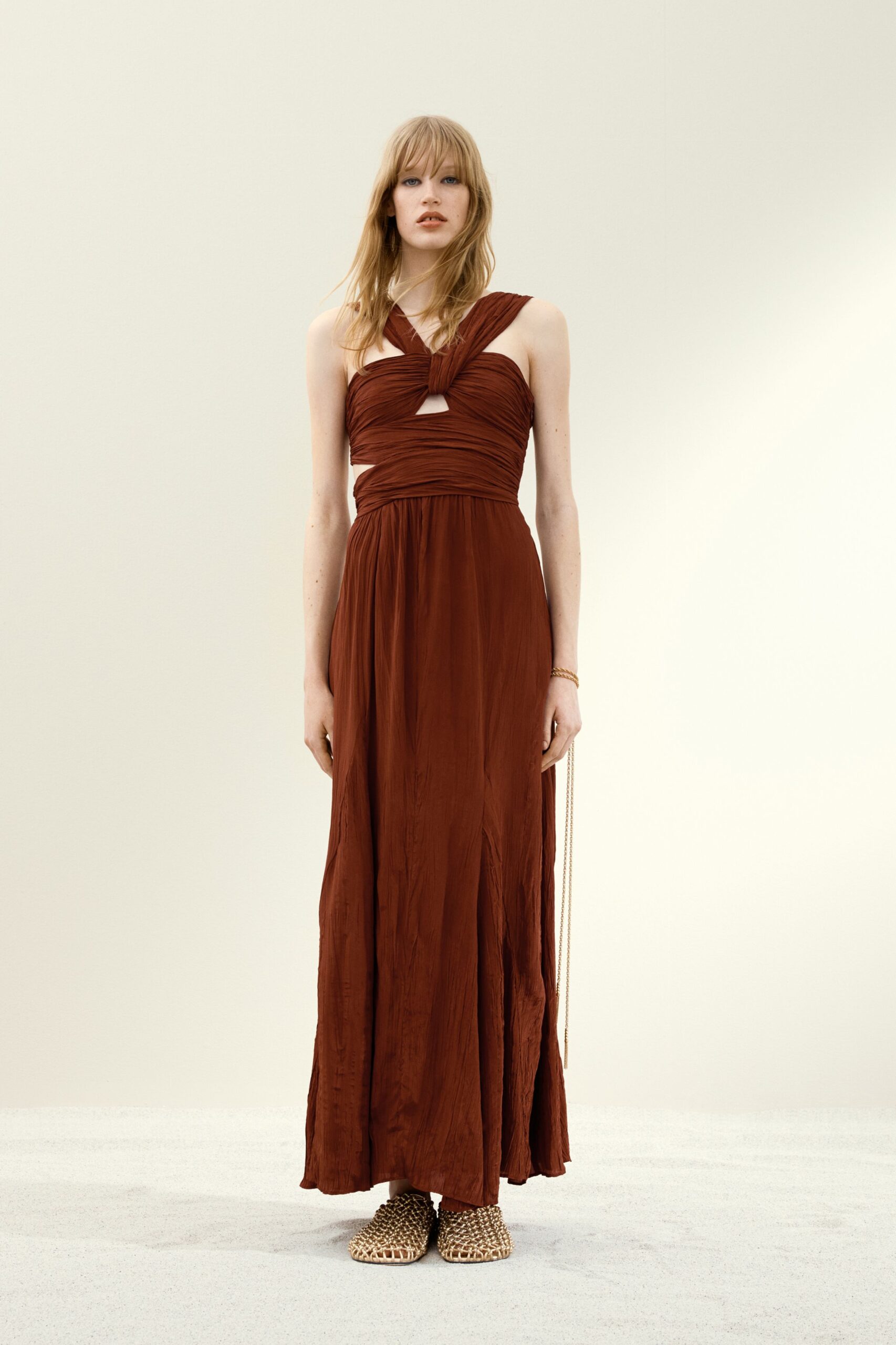 brown silk sleeveless gown