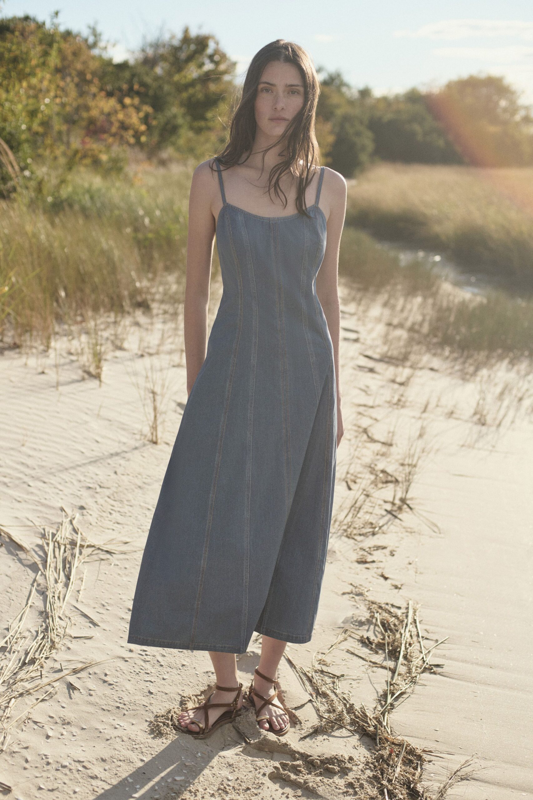 blue denim sleeveless v-neck fitted maxi dress