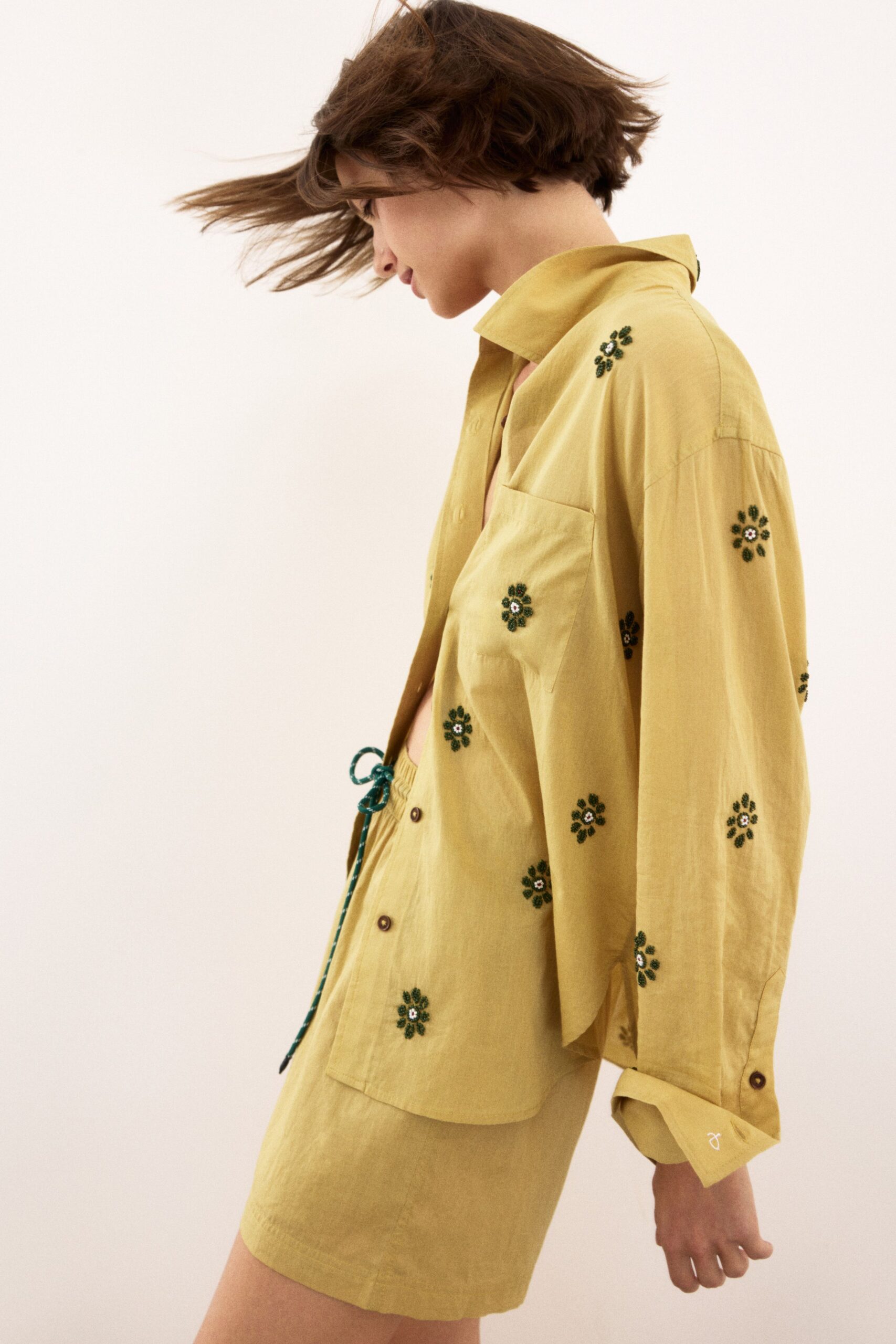 yellow cotton long-sleeve collared relaxed embroidered shirt