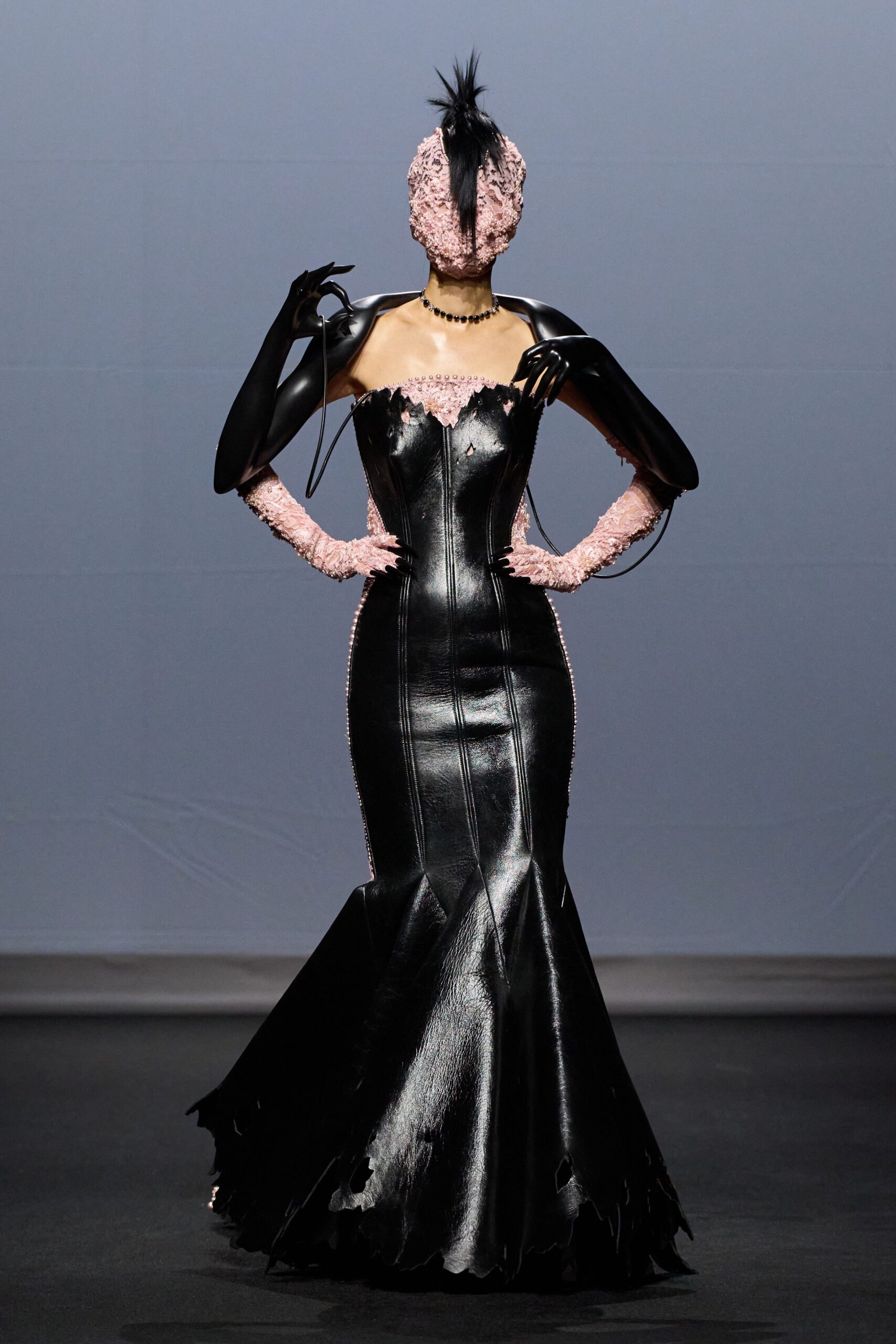 black leather strapless fitted flared ruffled maxi gown