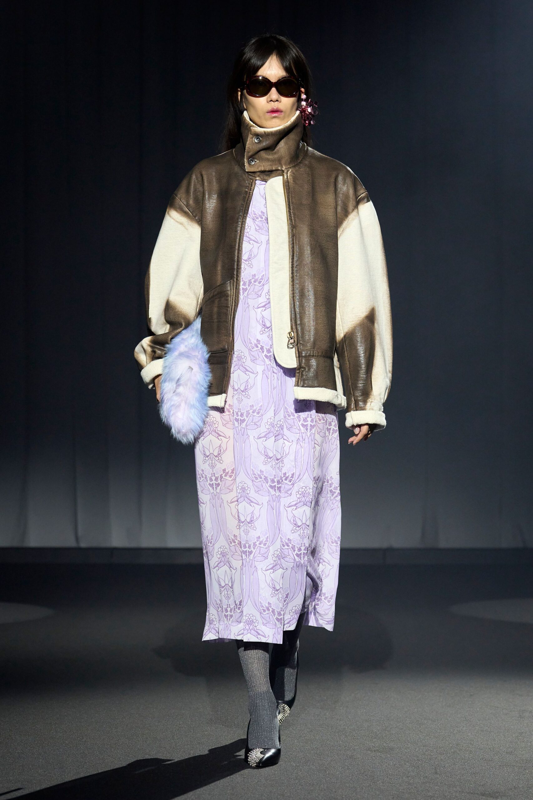 purple printed midi dress with jacket
