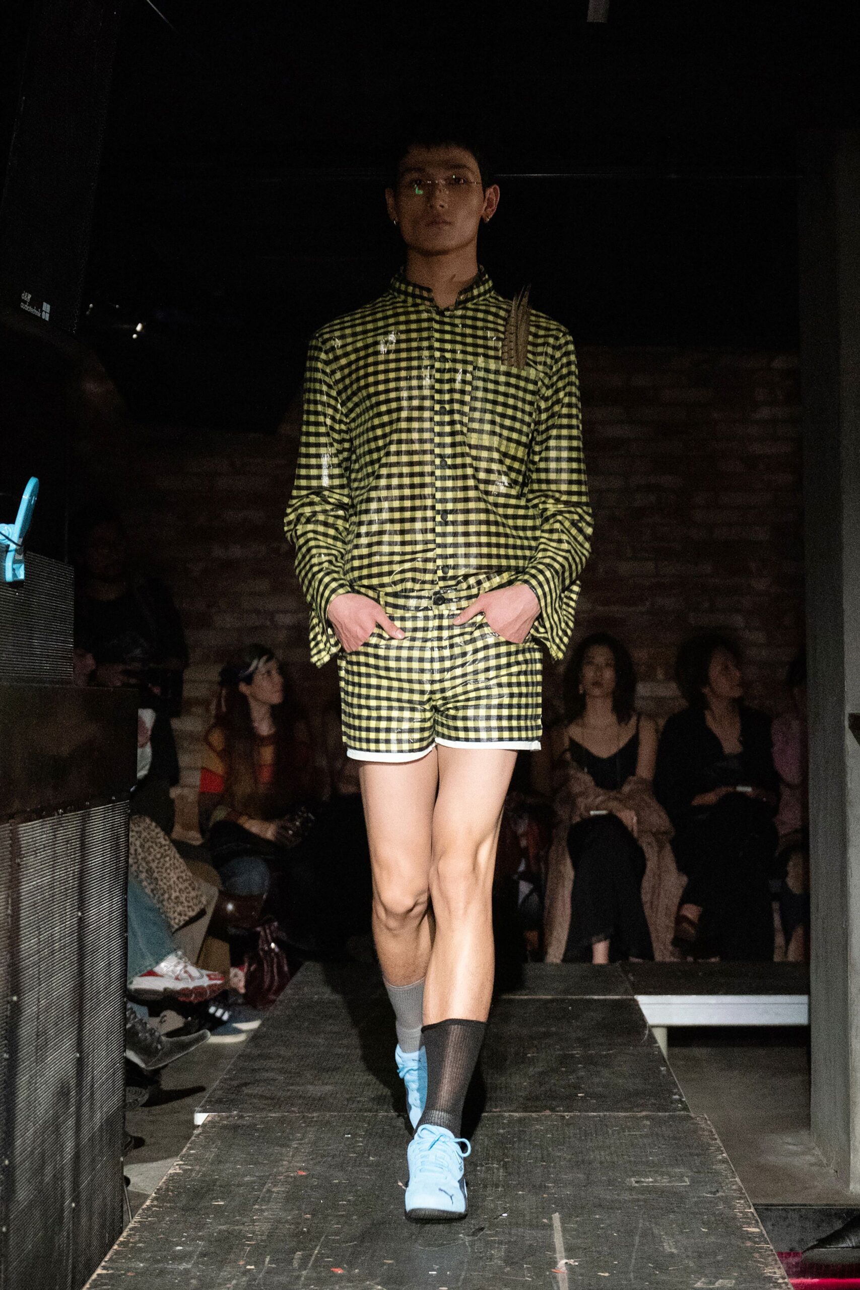 green cotton relaxed checked short shorts