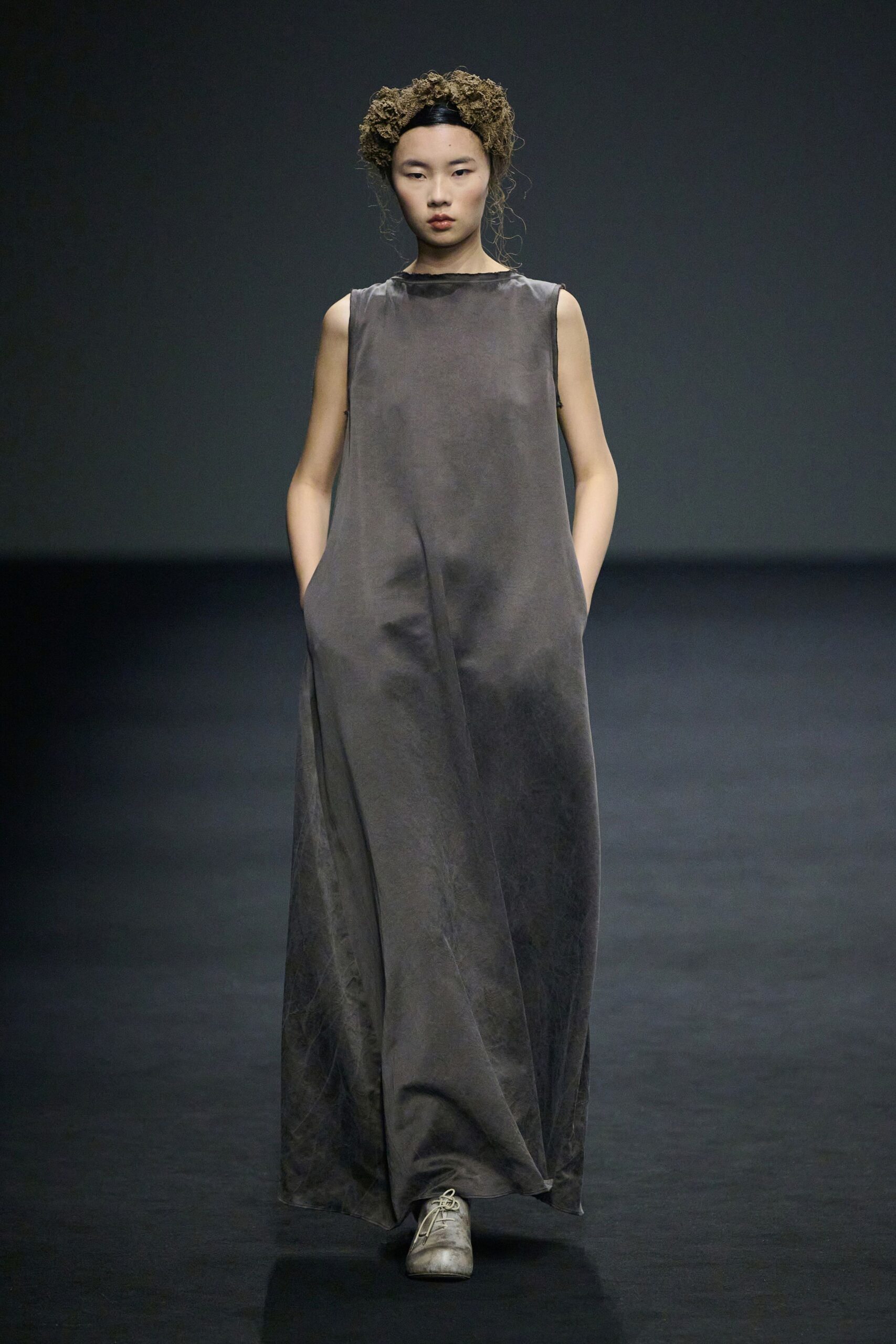 gray silk sleeveless high-neck relaxed straight-leg pockets dress