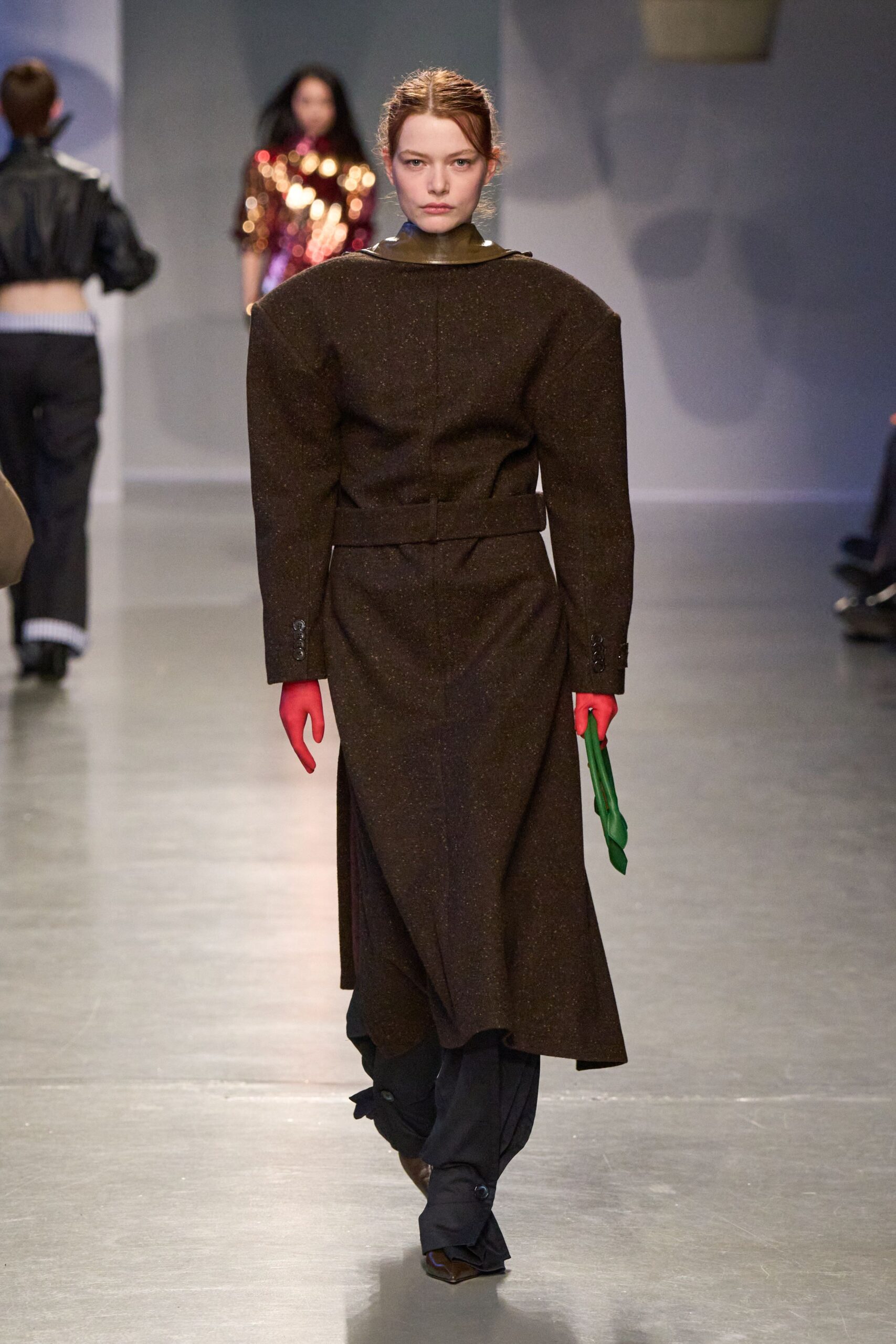 brown wool long-sleeve collared fitted structured belted dress