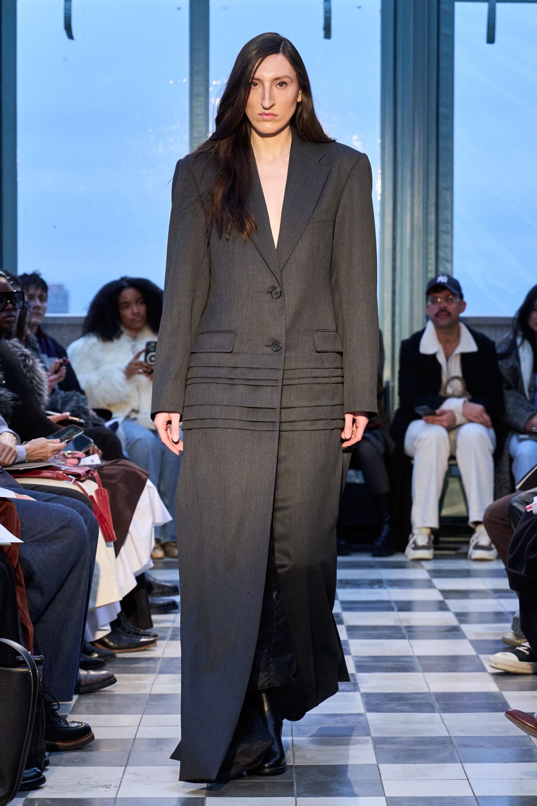gray wool long-sleeve v-neck tailored pleated maxi blazer