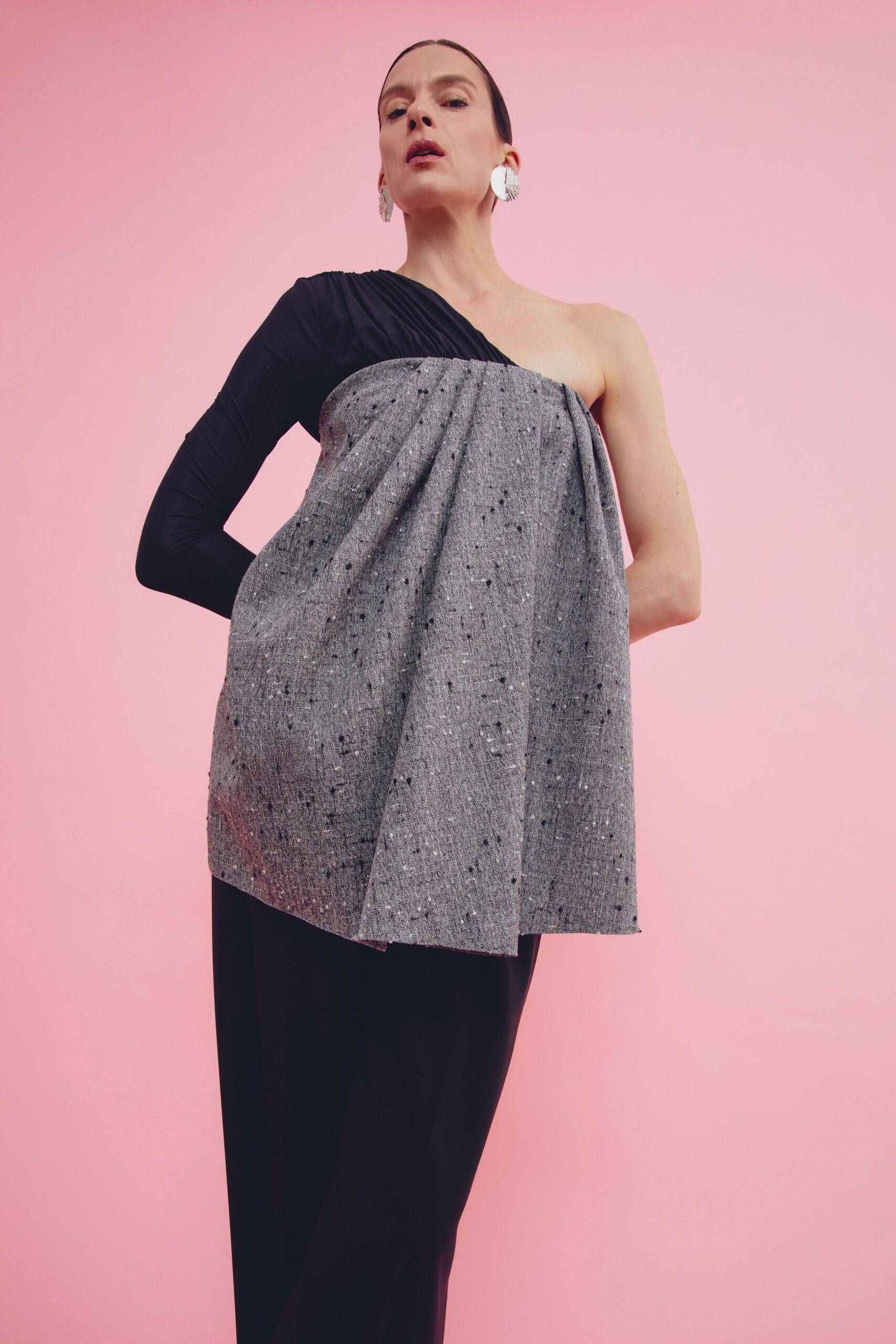 black cotton sleeveless asymmetric relaxed draped pleated top