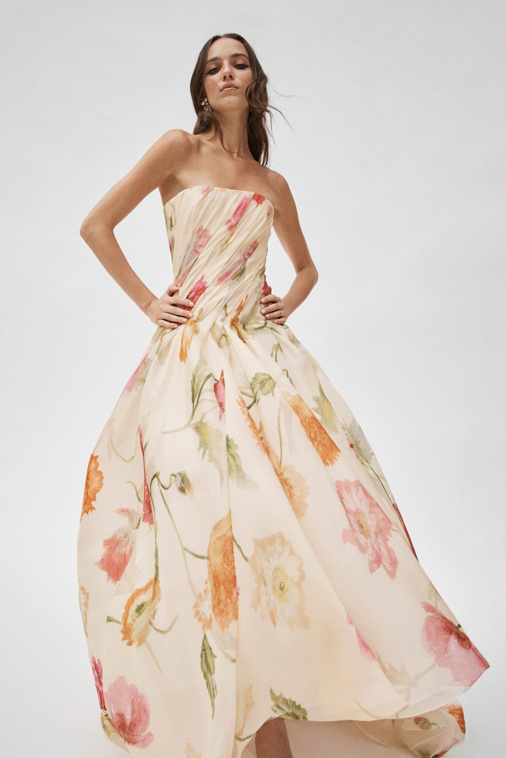 ivory floral strapless gown