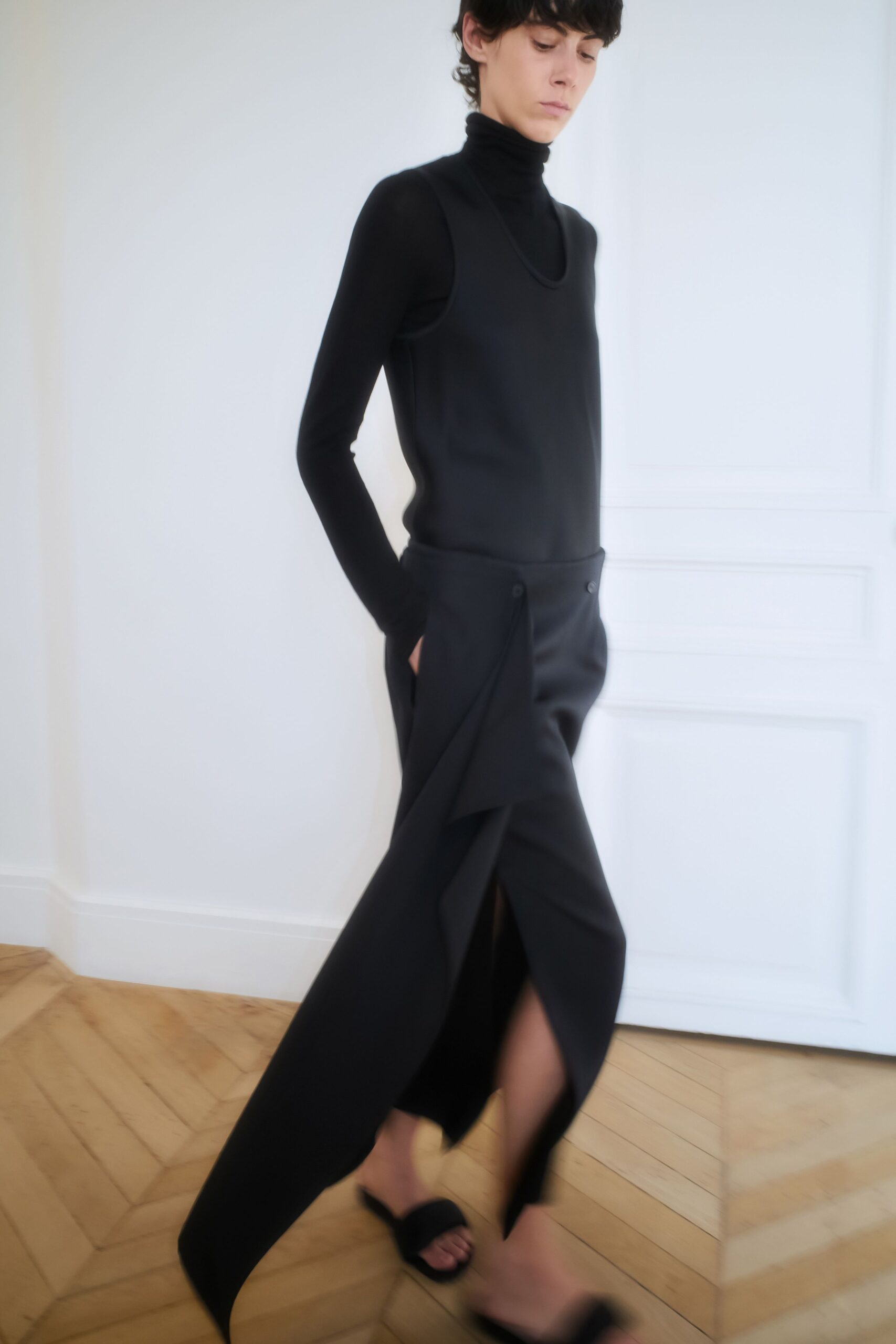 black neoprene top and skirt