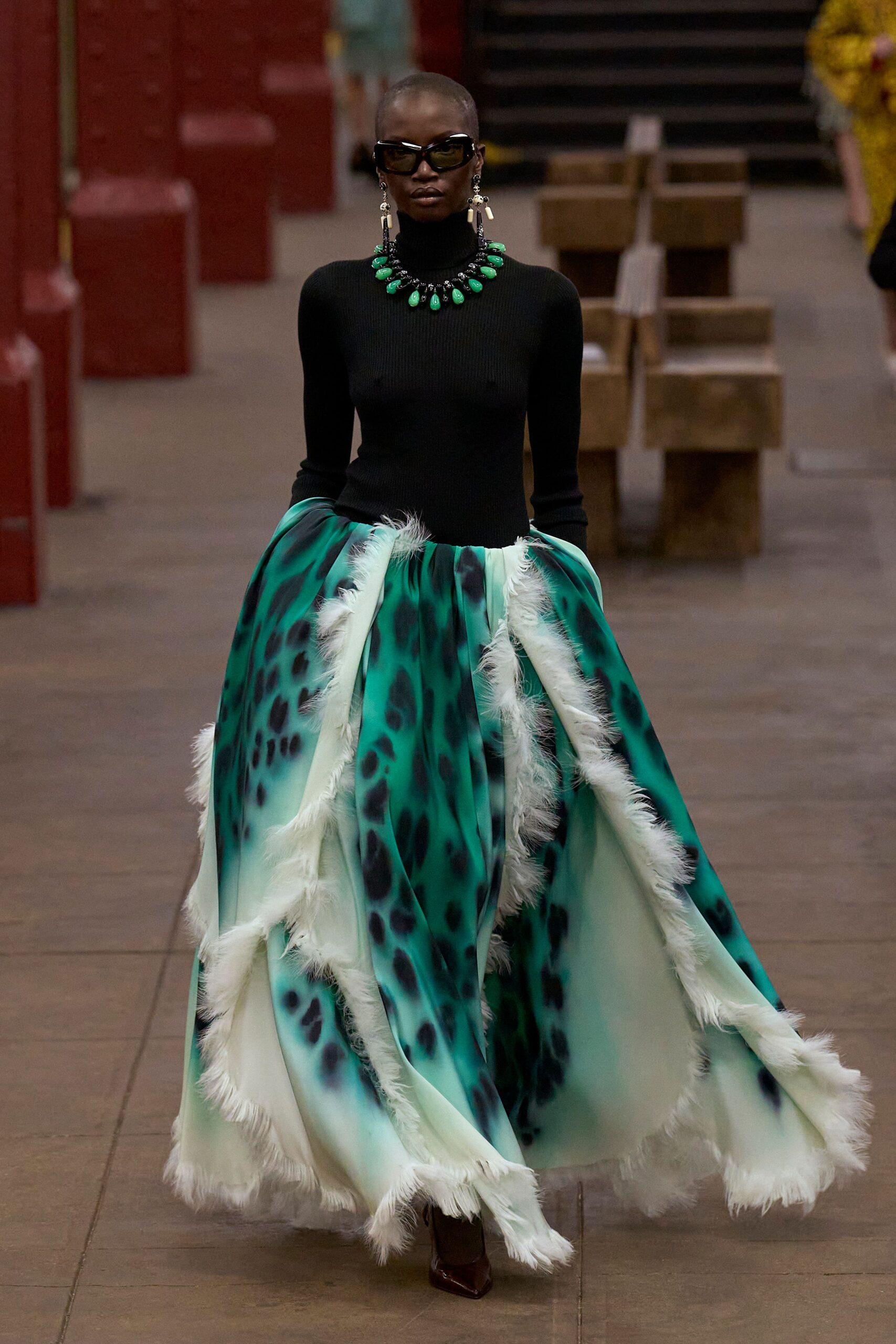 green silk asymmetric relaxed flared flowing maxi skirt