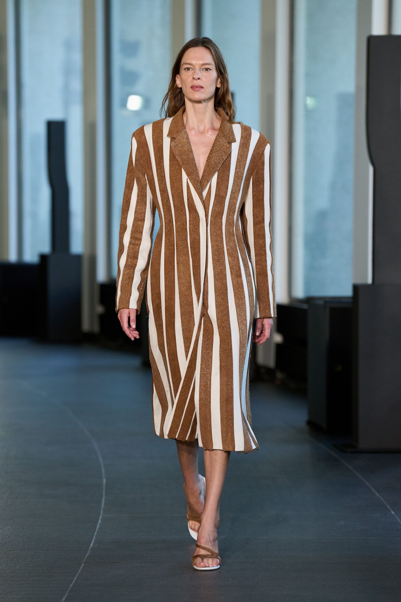 brown wool long-sleeve collared fitted striped buttoned dress