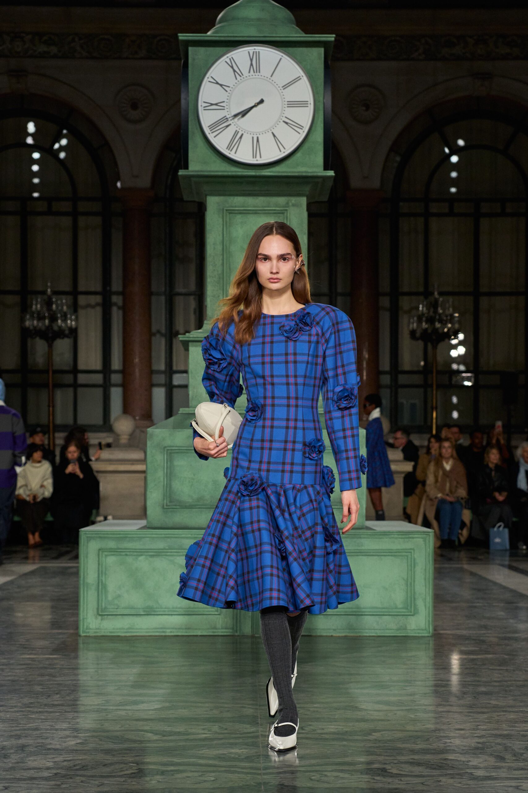 blue plaid midi dress with platform shoes