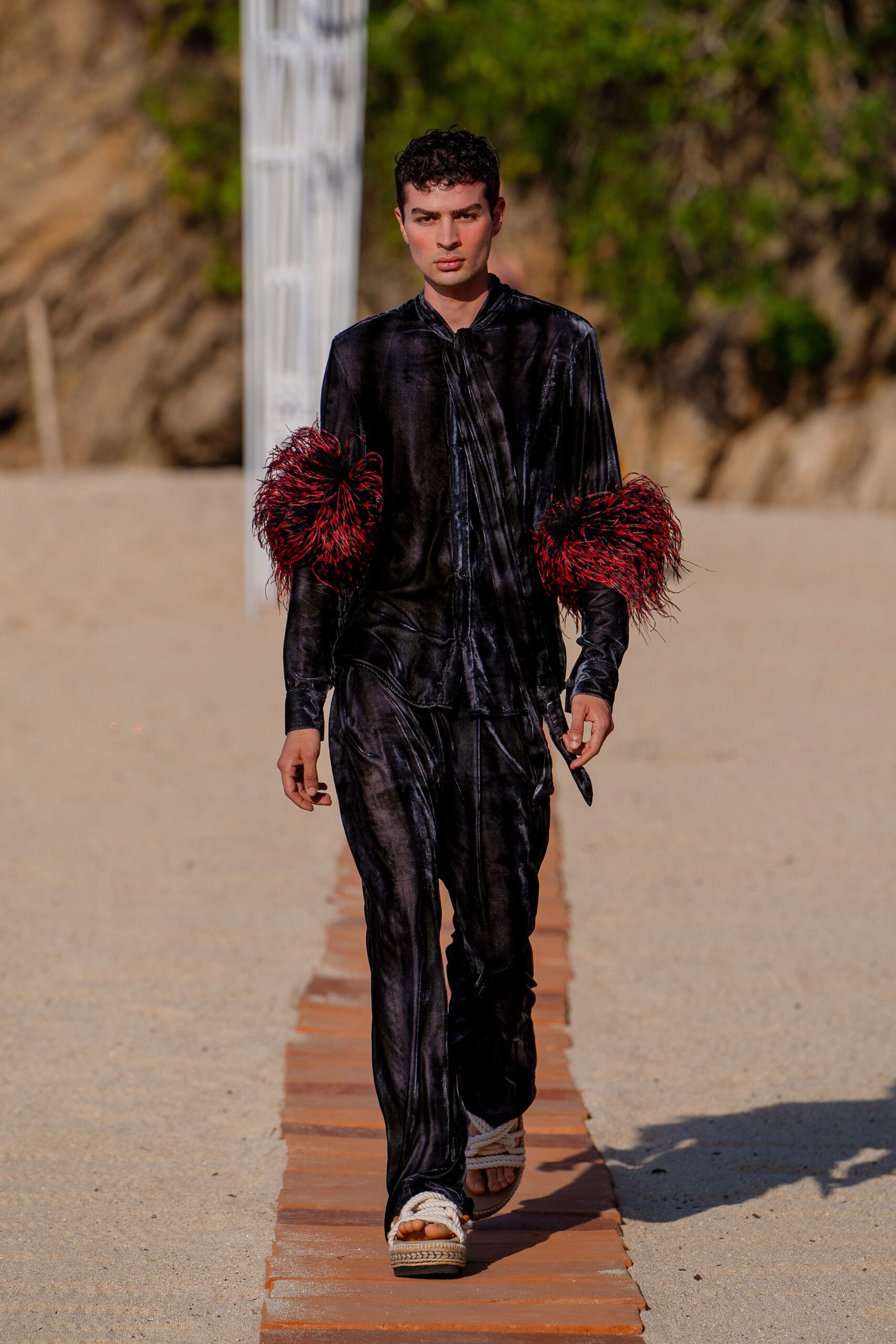 black velvet long-sleeve collared fitted ruffled shirt