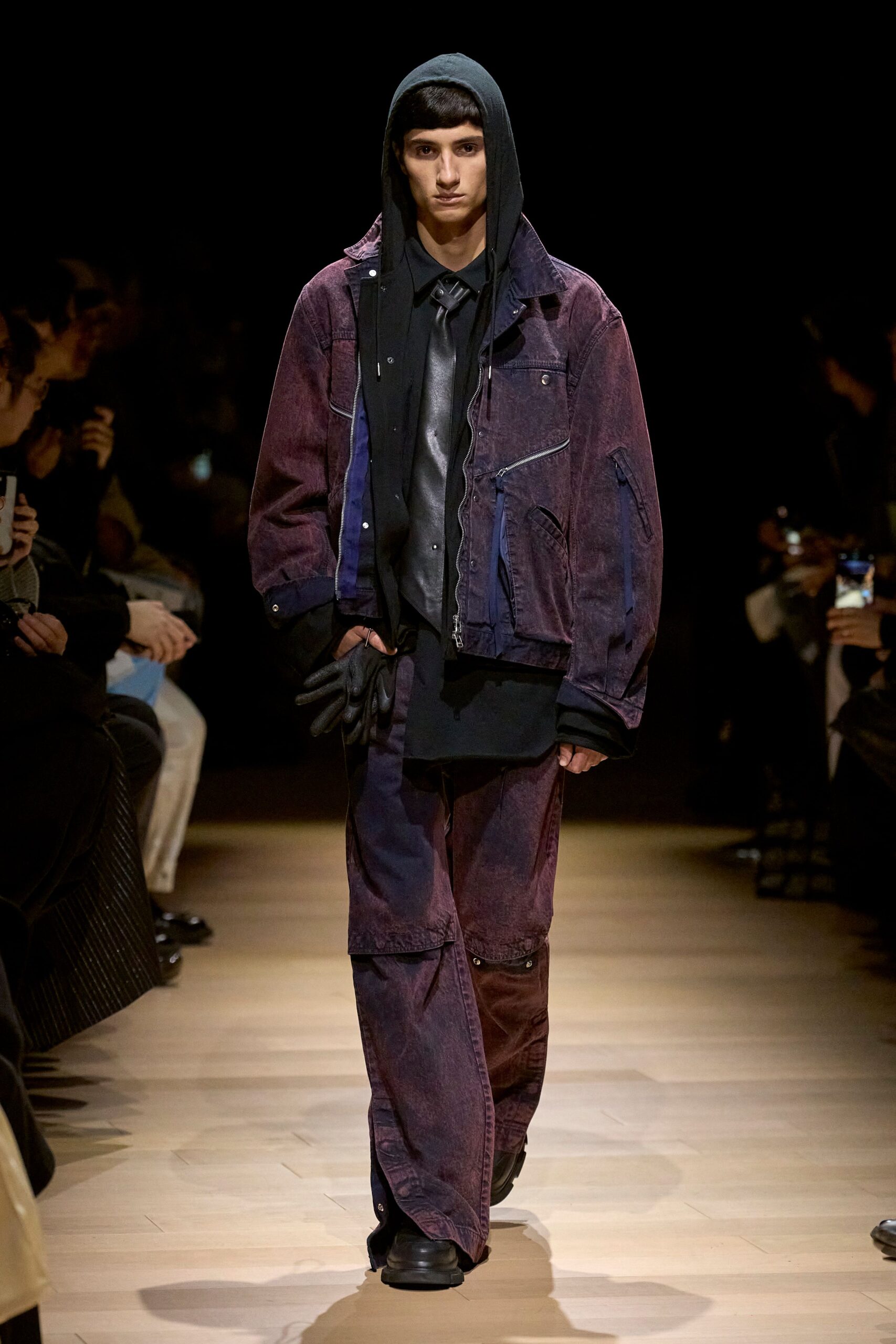 purple denim long-sleeve collared oversized zippered jacket