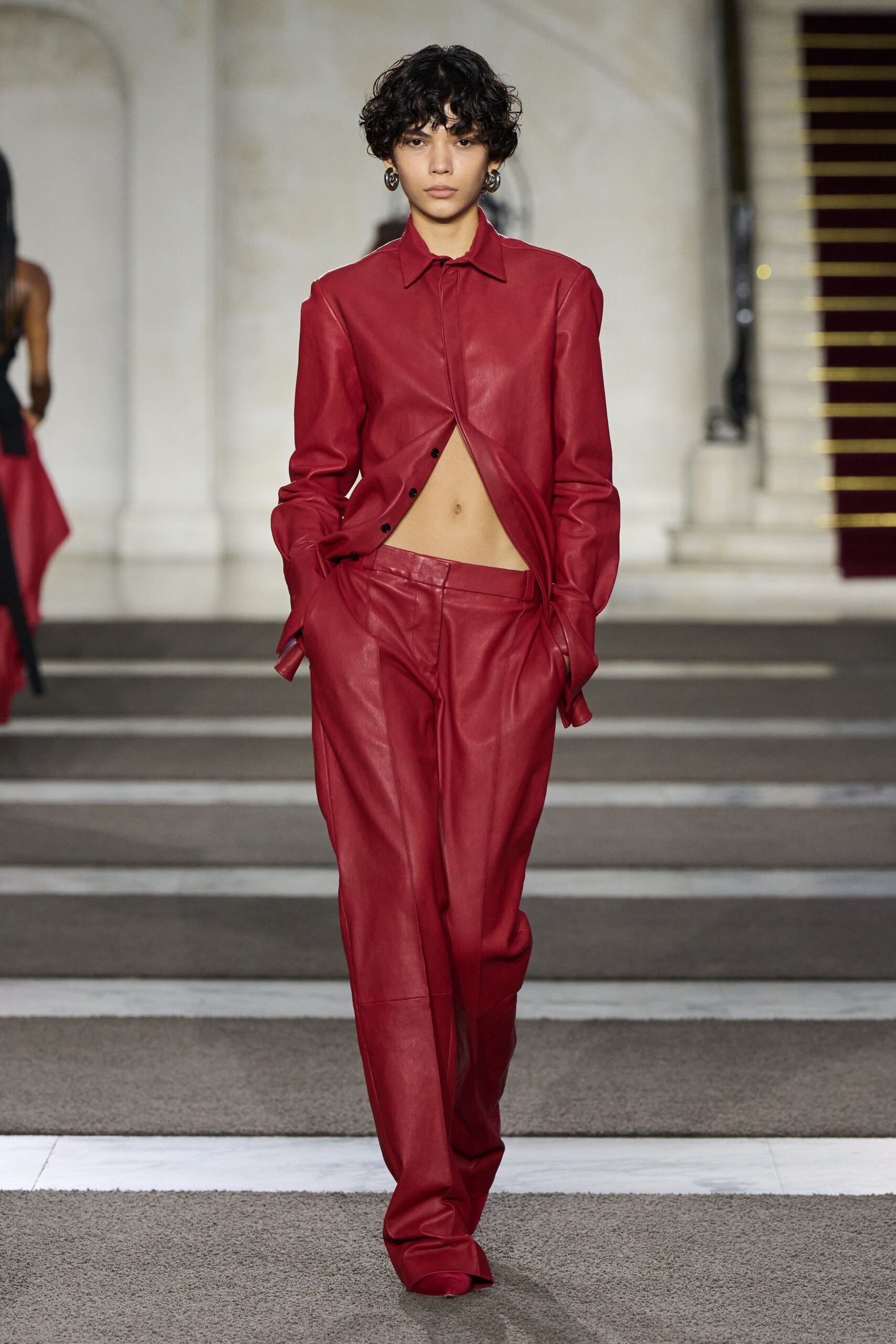 red leather long-sleeve collared fitted buttoned blazer