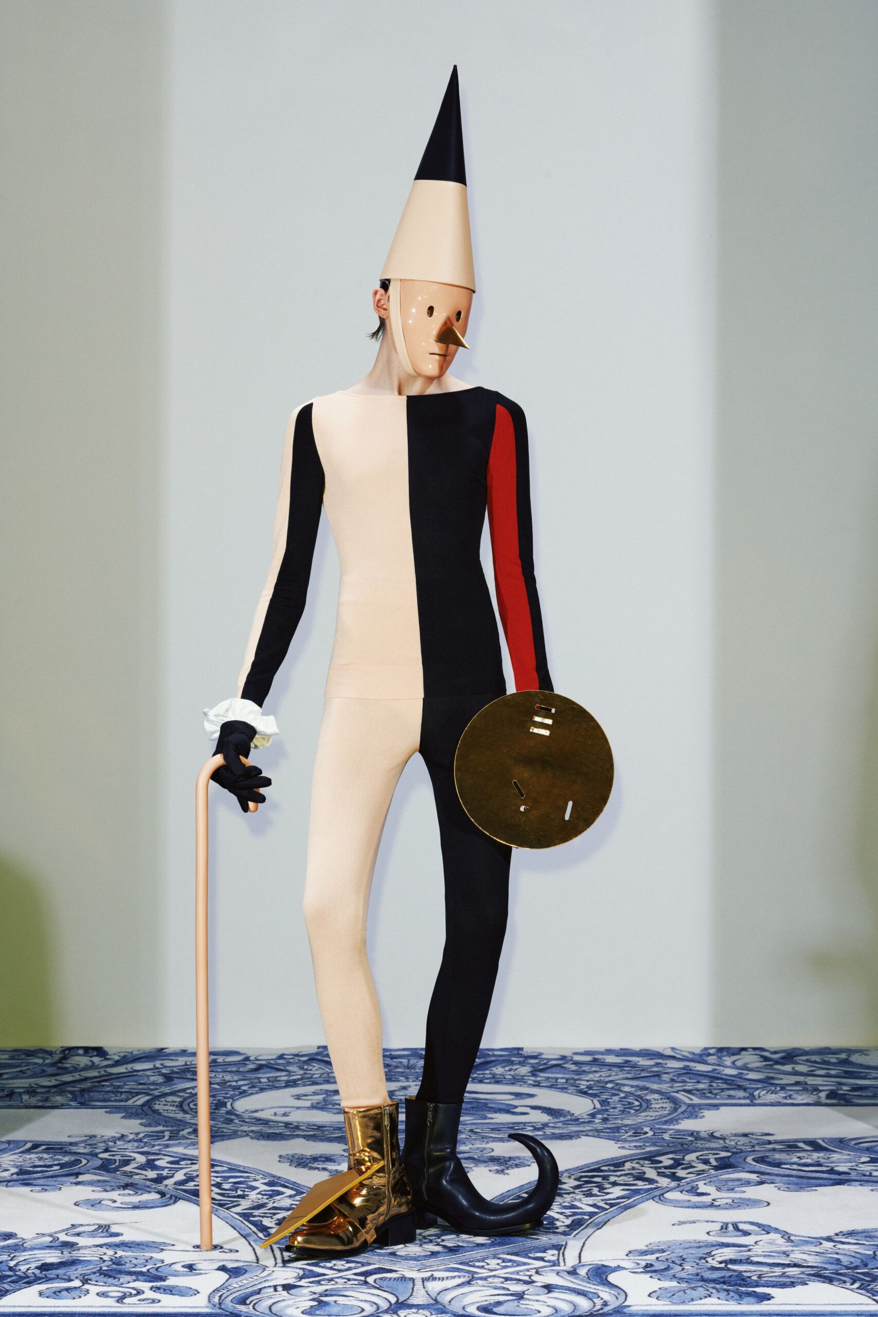 beige cotton long-sleeve high-neck fitted color-blocked catsuit