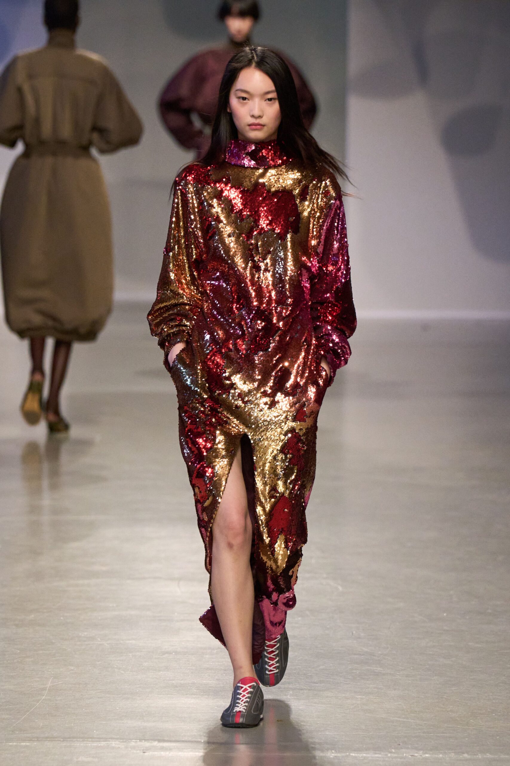 red sequin long-sleeve v-neck relaxed draped shiny dress