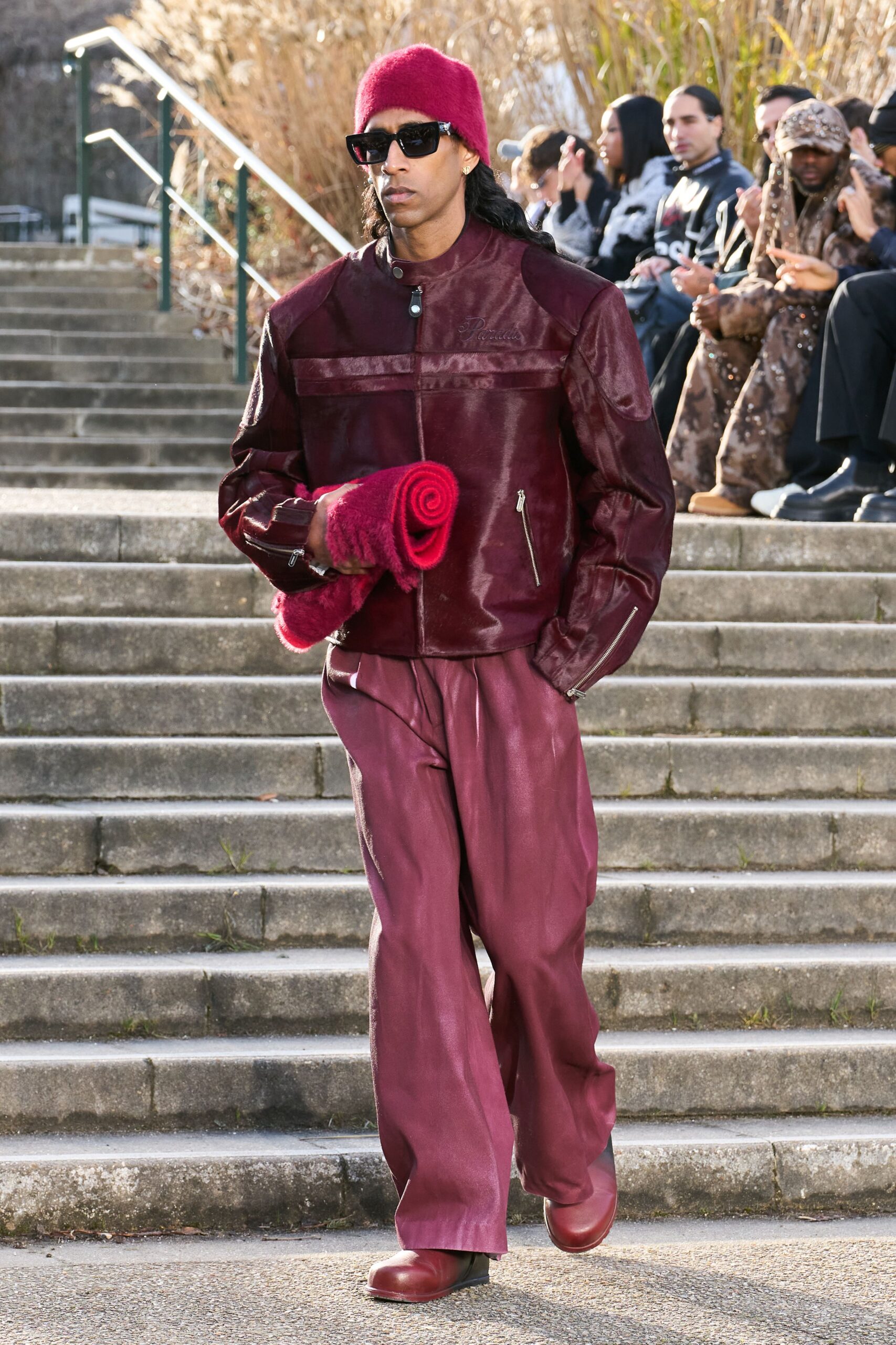 red leather long-sleeve collared fitted jacket