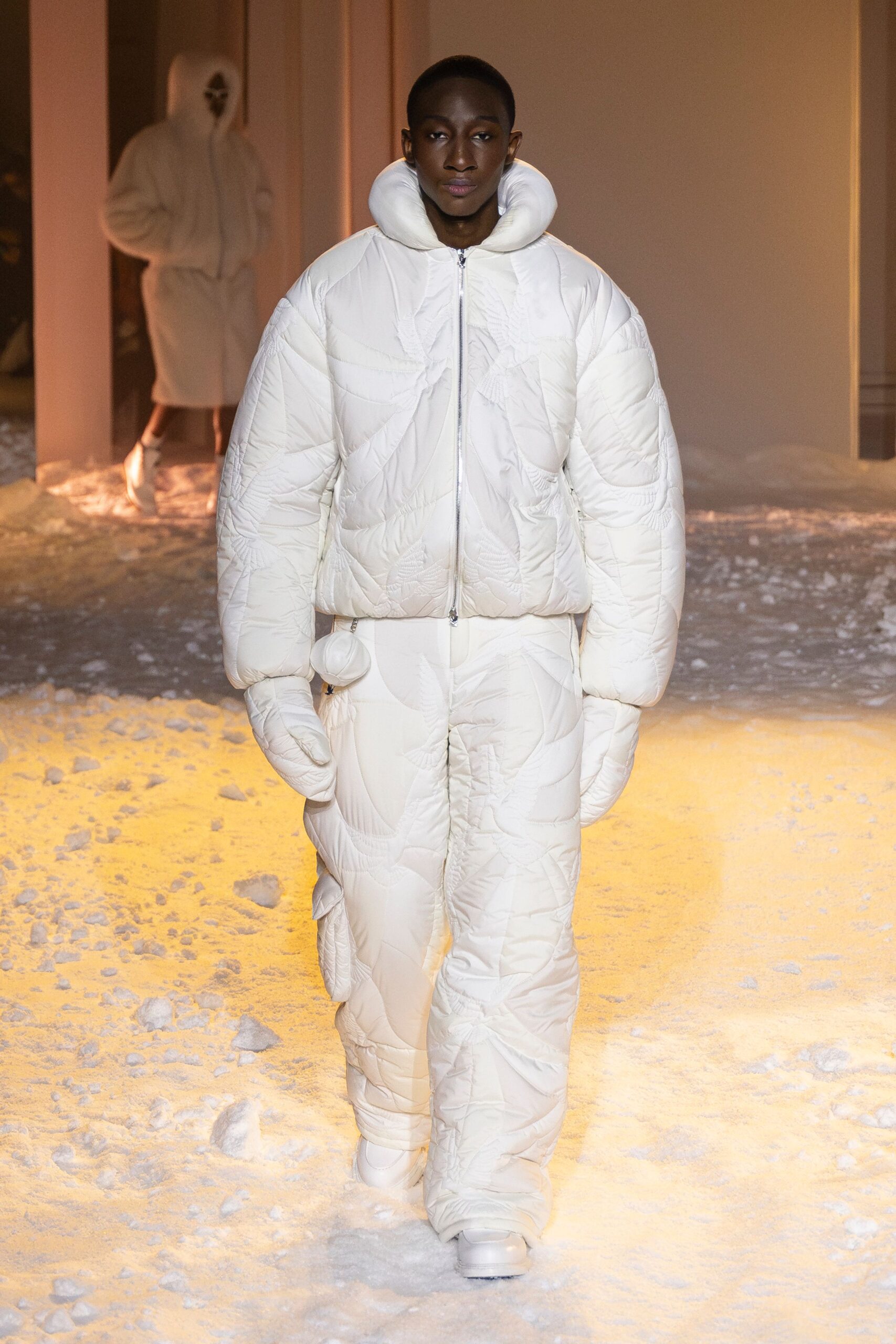 white oversized puffer jacket and pants