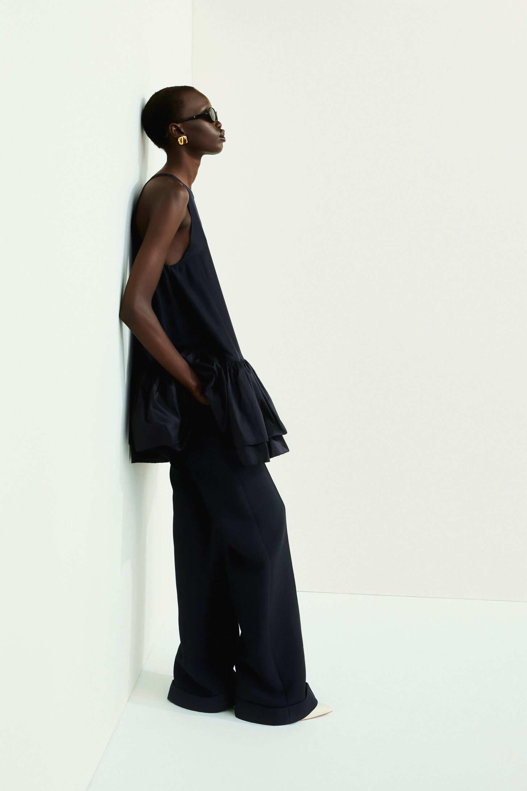 black relaxed top with wide-leg pants