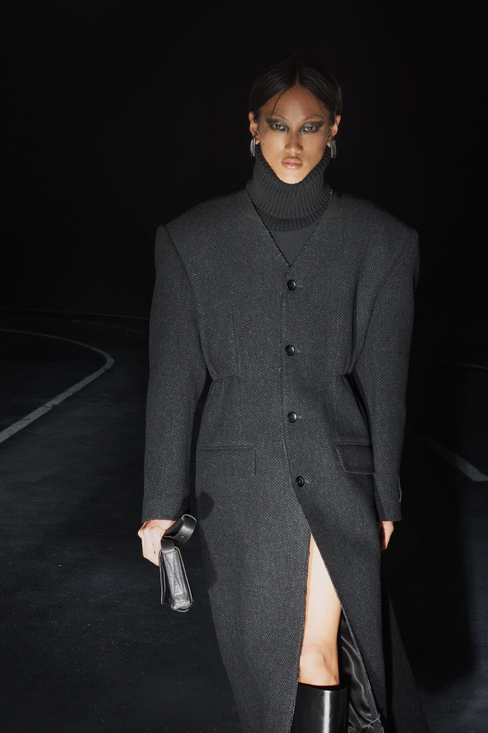 gray wool long-sleeve collared structured buttoned midi coat