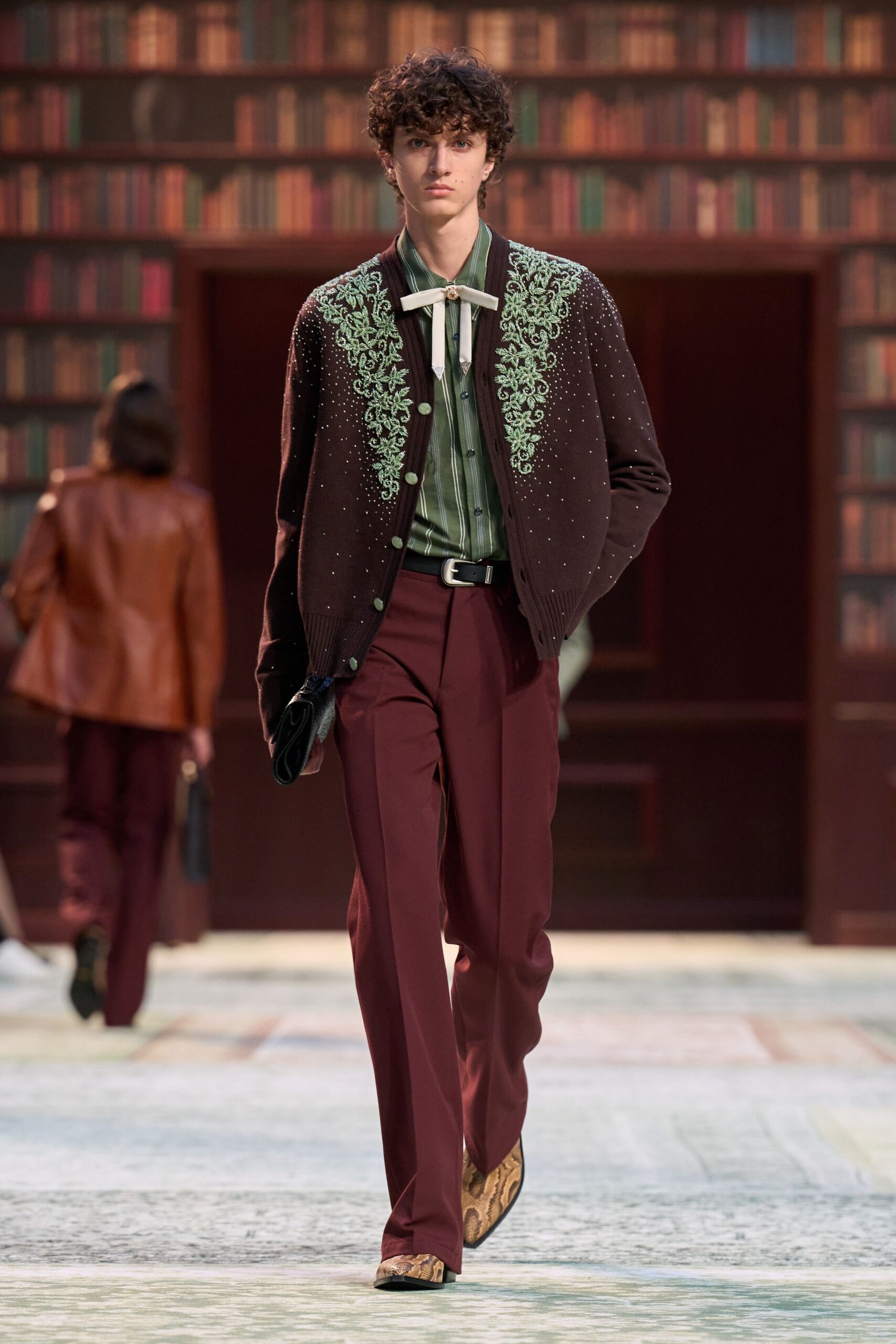 brown embroidered cardigan with green shirt