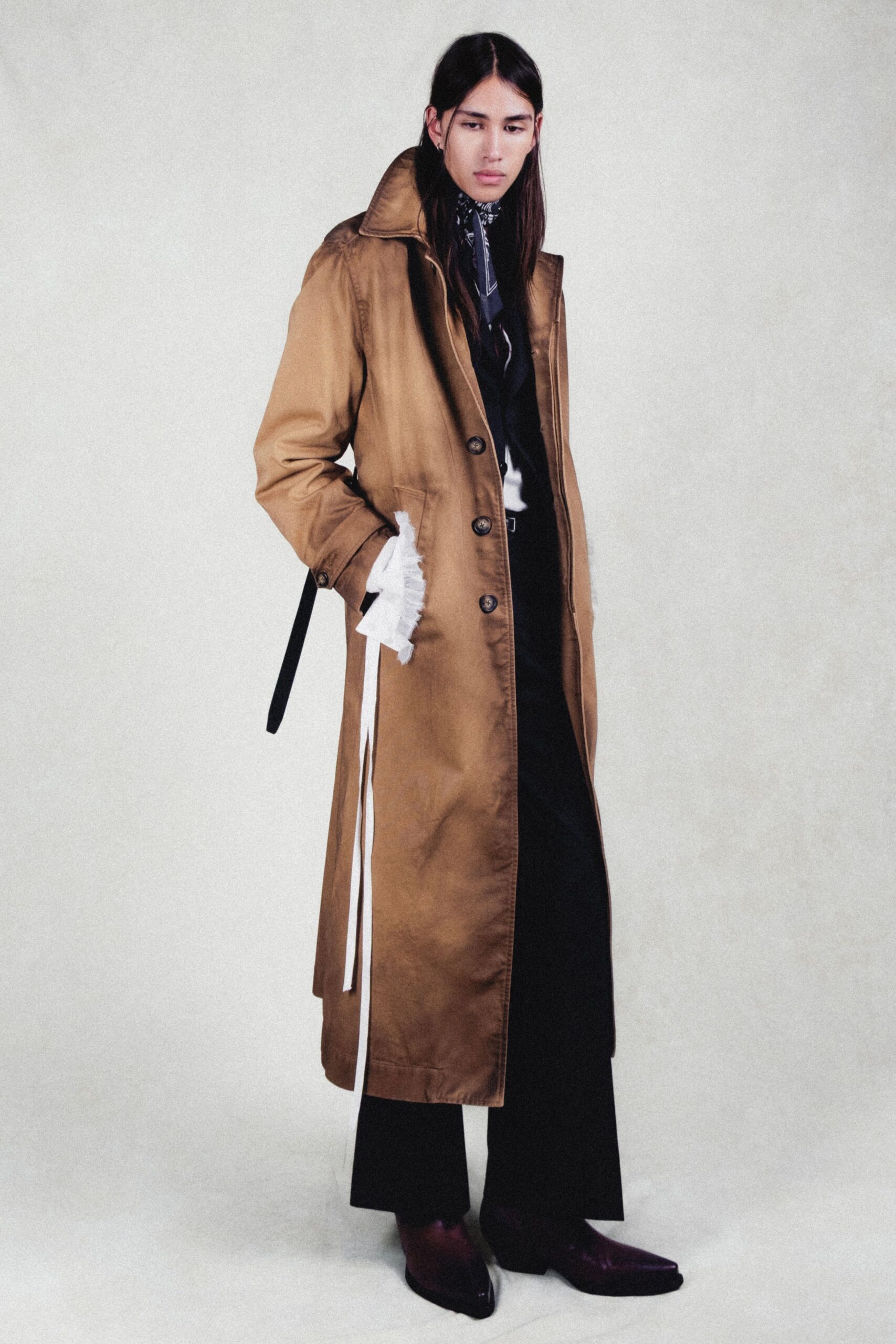 brown cotton long-sleeve collared relaxed buttoned trench