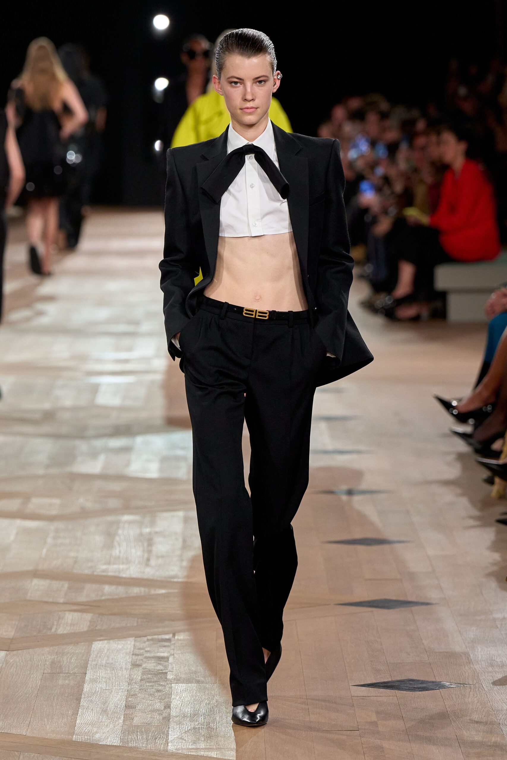 black tailored suit with cropped top