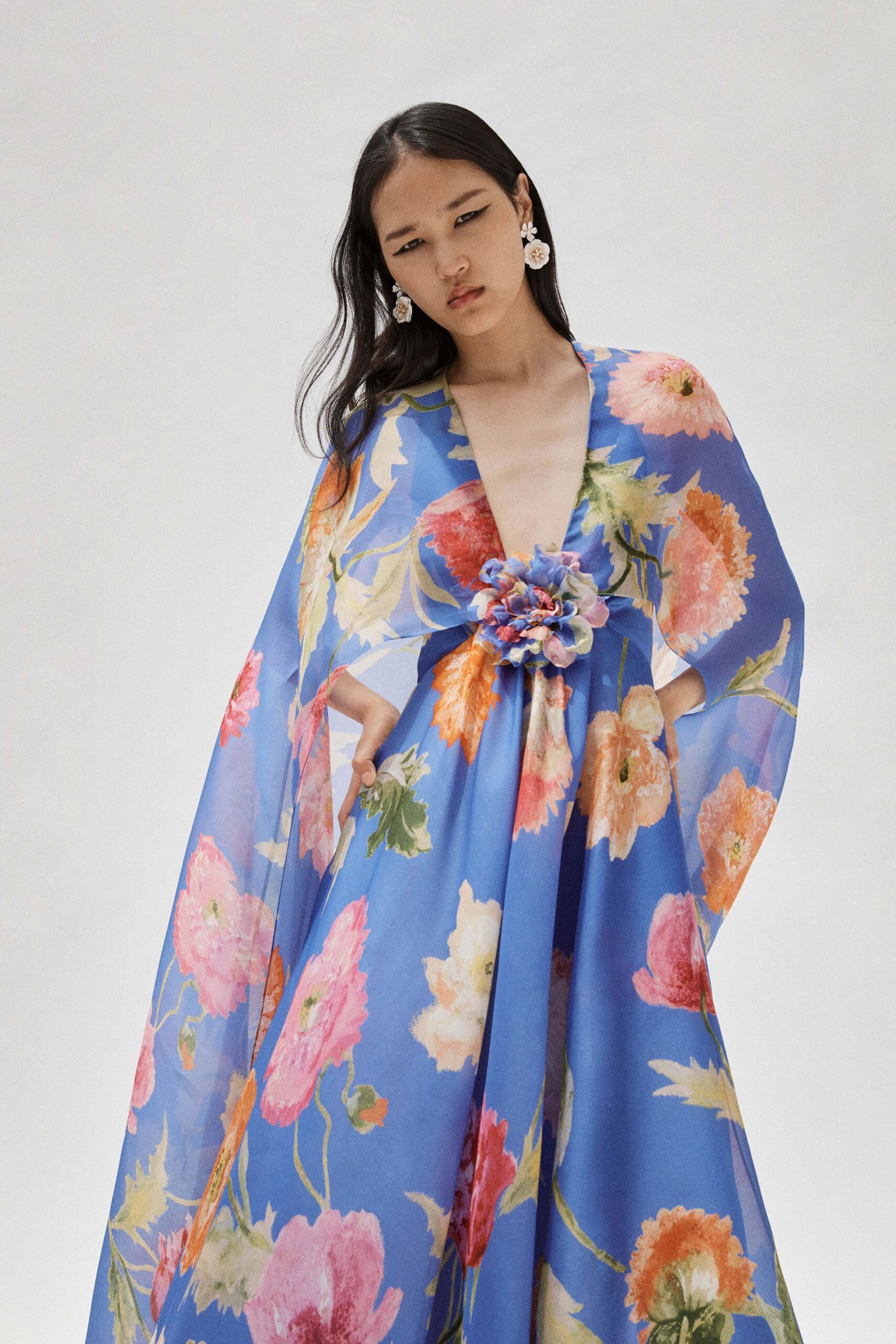 blue floral chiffon gown