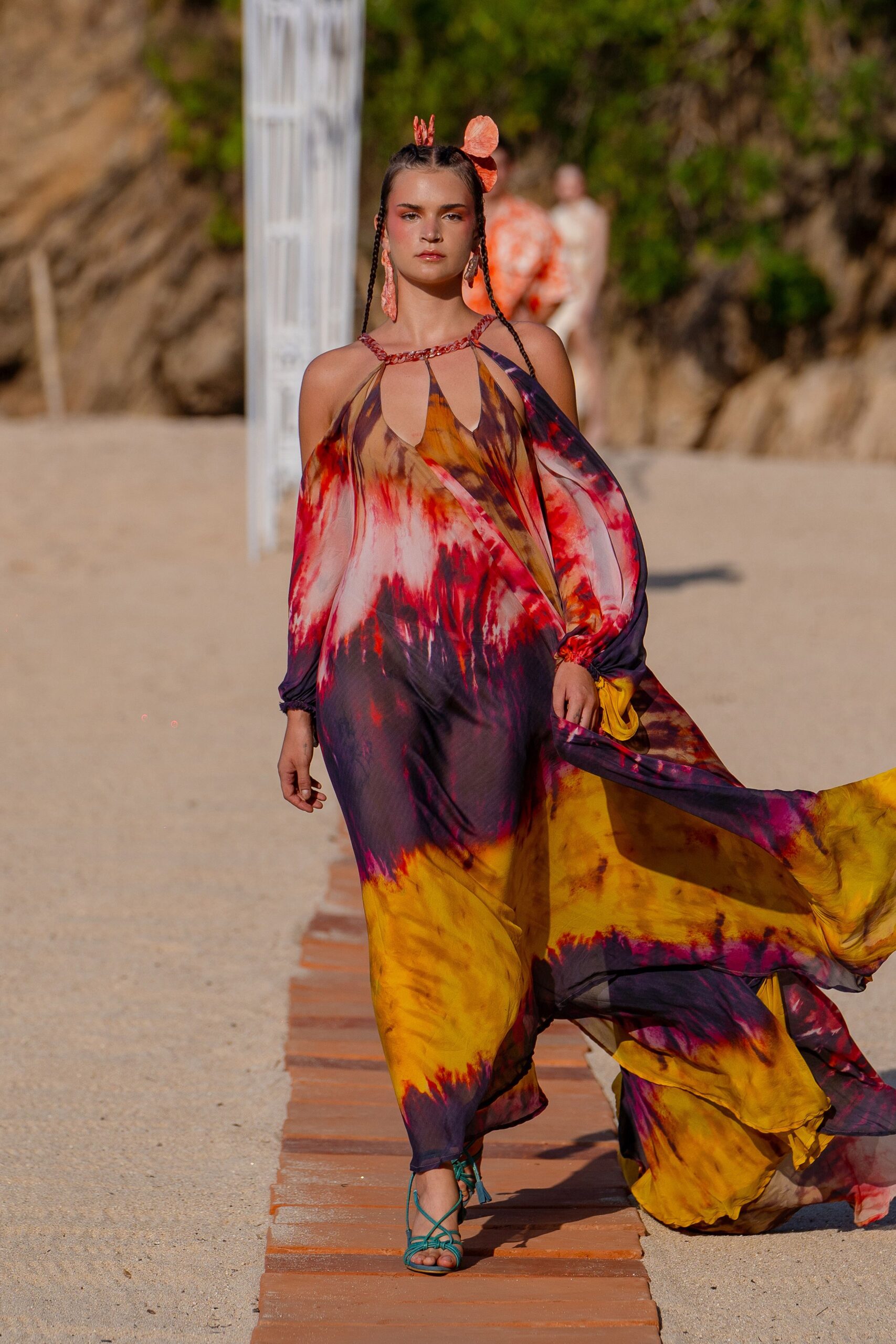 purple silk sleeveless off-shoulder relaxed draped color-blocked gown