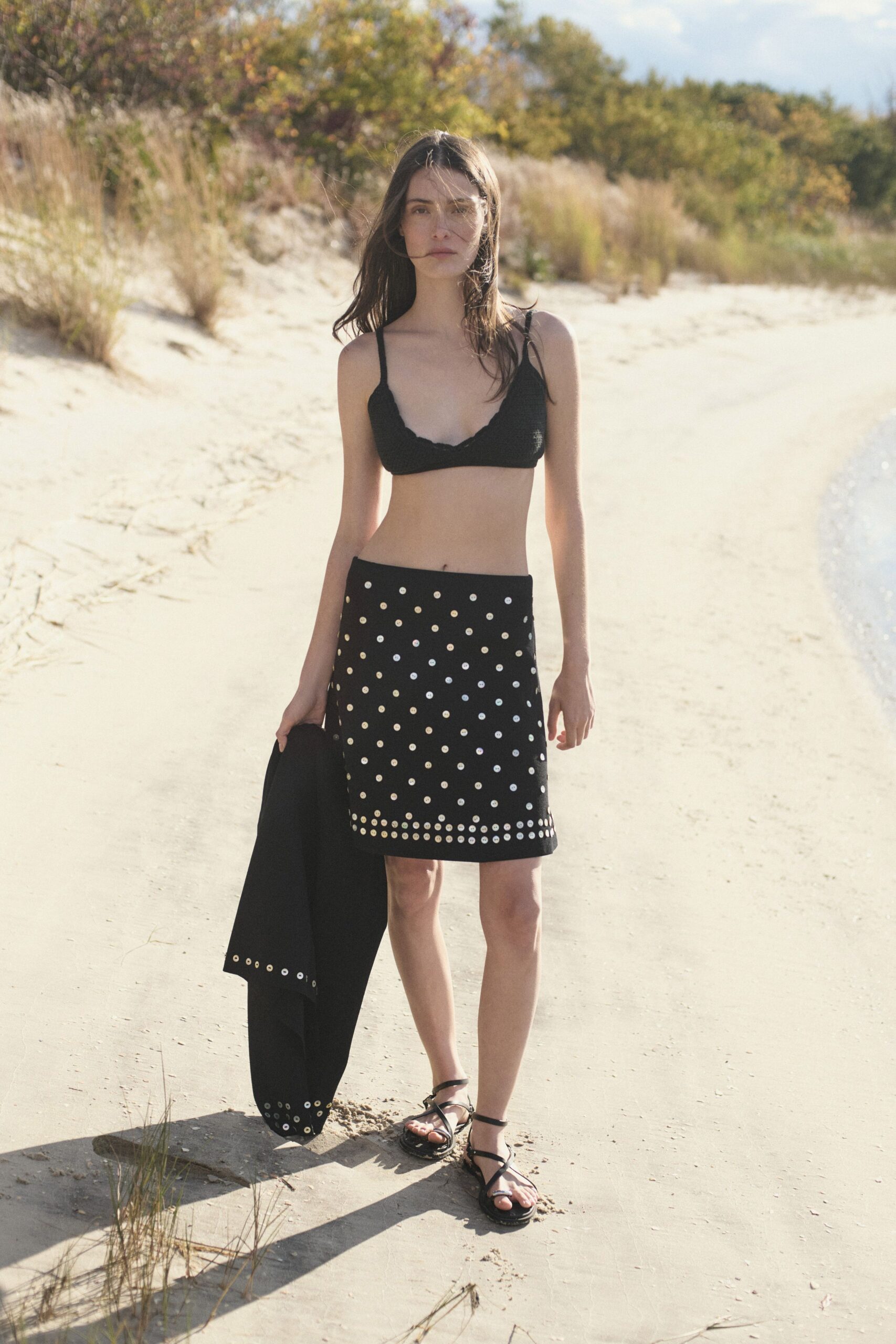 black bikini with embellished skirt