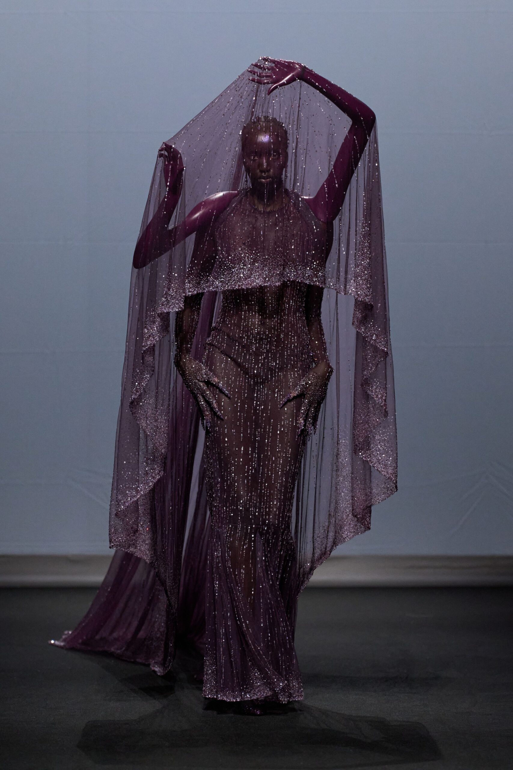 purple sequin sheer gown