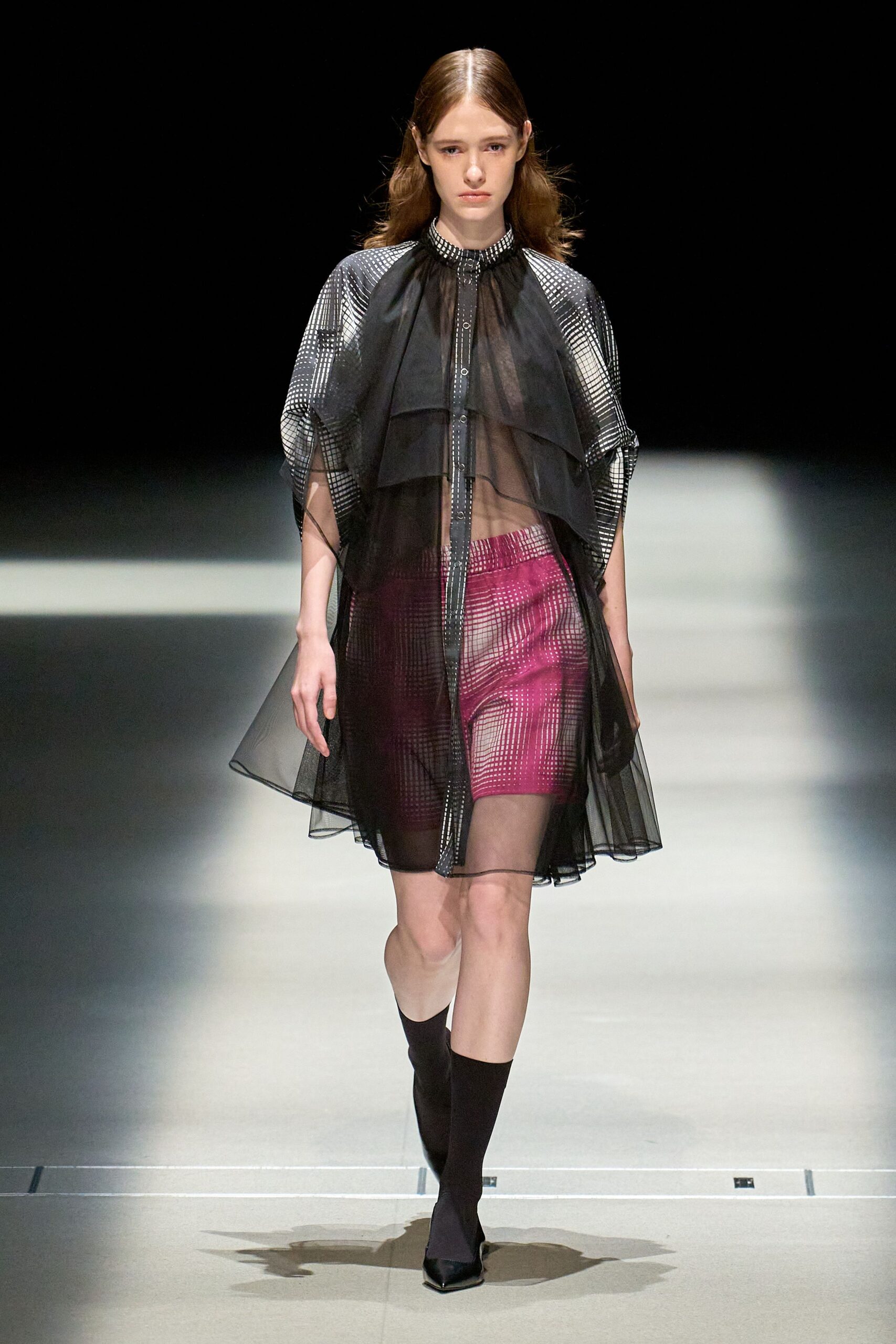 black mesh sleeveless high-neck relaxed layered sheer cape