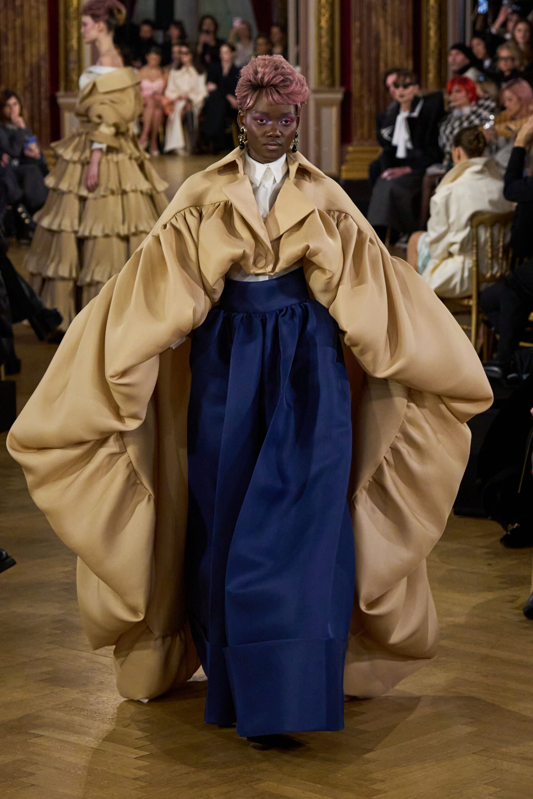 beige silk long-sleeve collared oversized draped coat