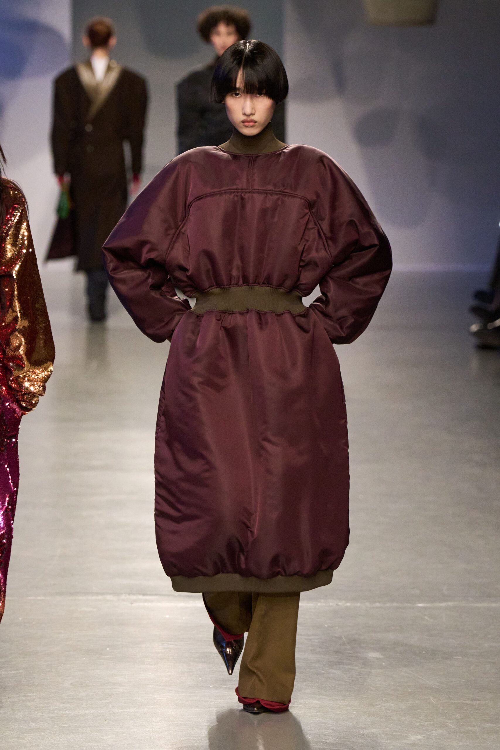 maroon satin long-sleeve collared oversized zippered belted coat