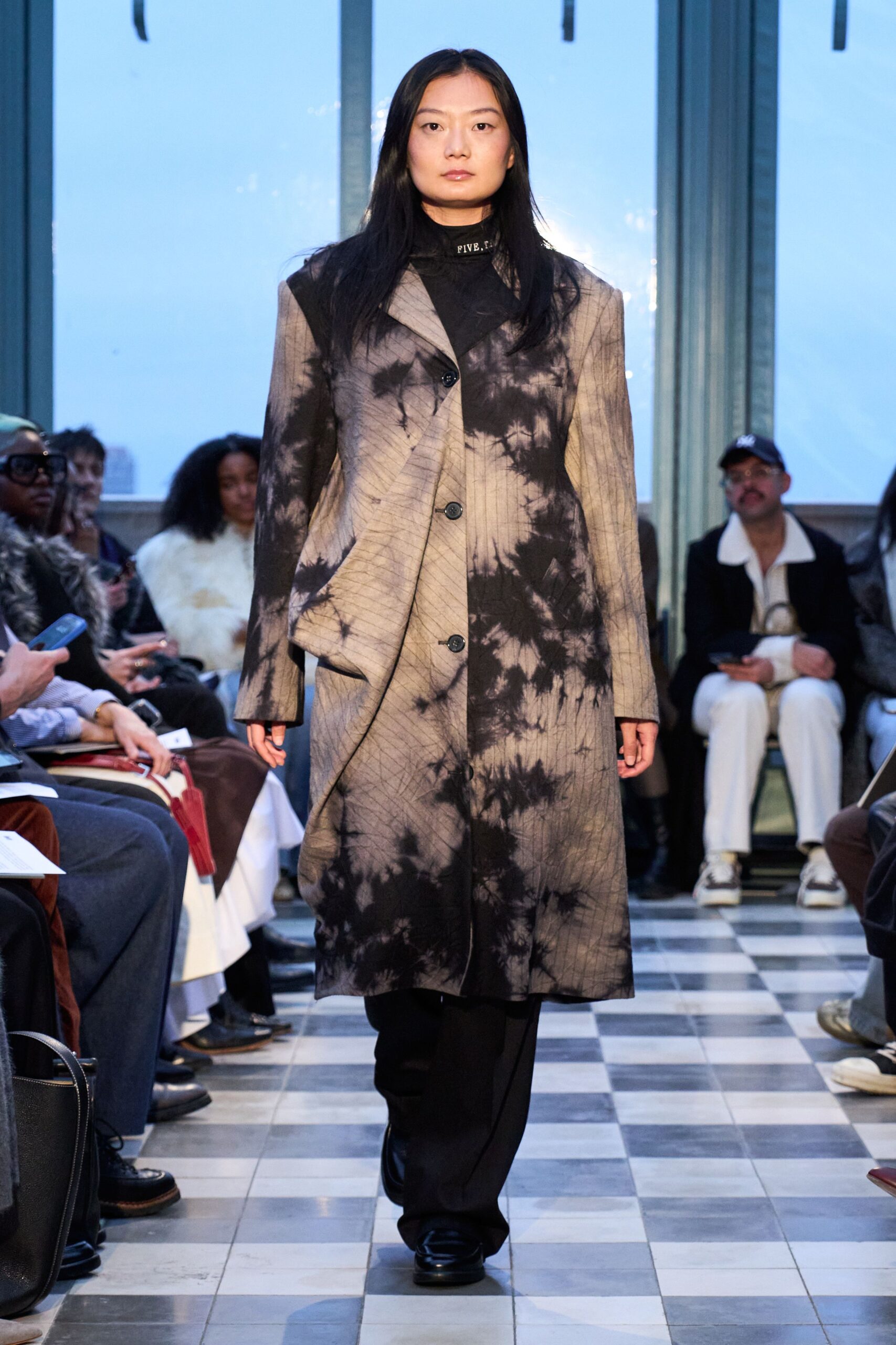 black silk long-sleeve collared relaxed draped printed coat
