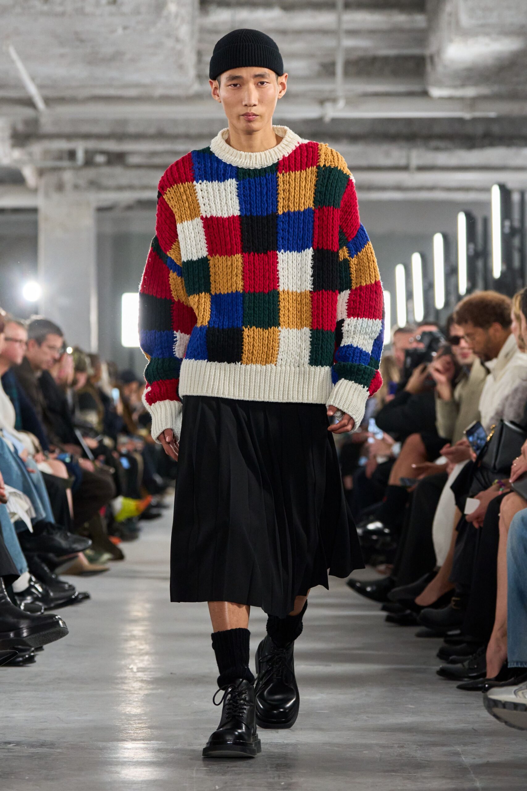 color-blocked sweater with midi skirt