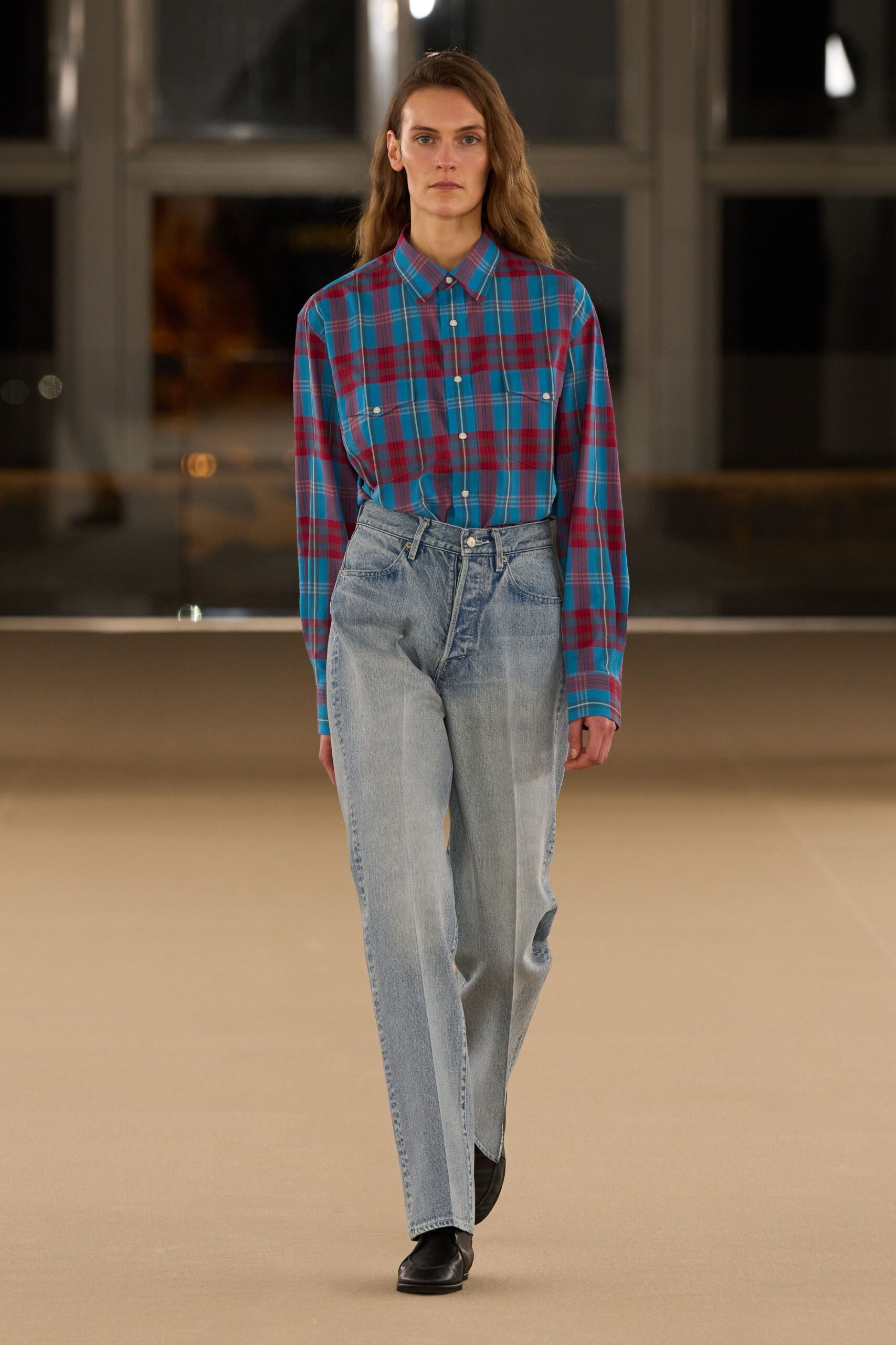 checked shirt with denim pants