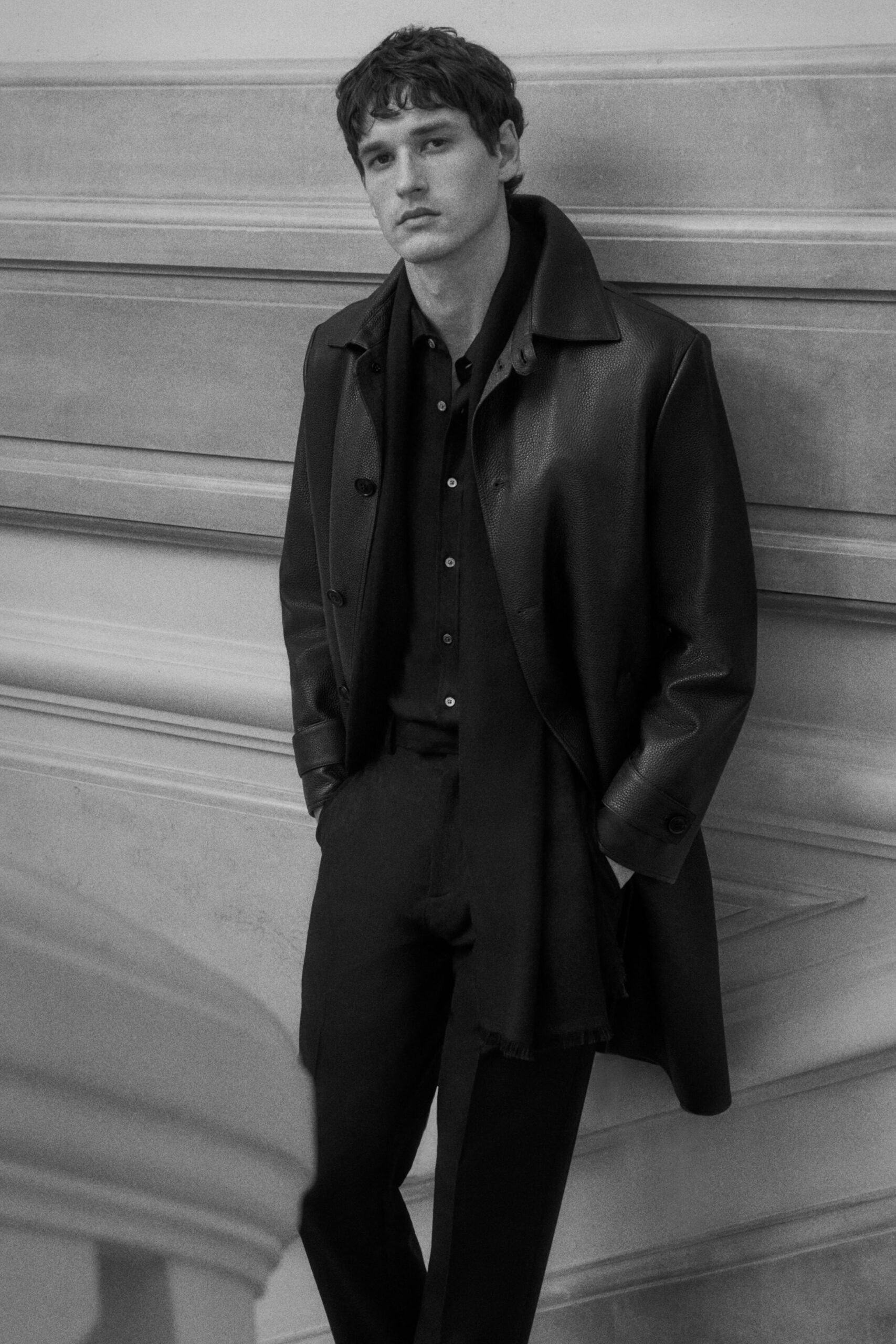 black leather coat with shirt and pants