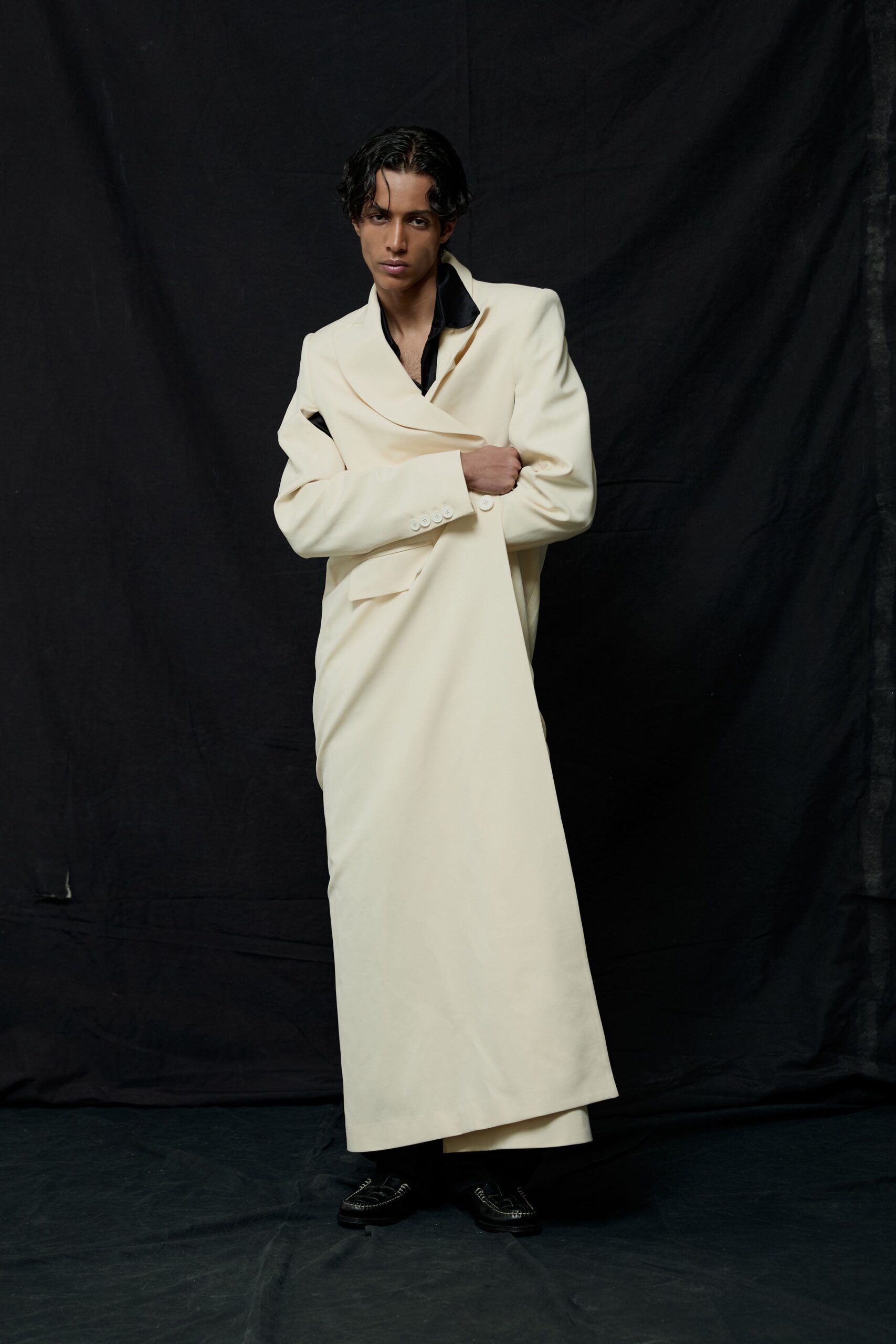 white wool long-sleeve collared relaxed structured maxi coat