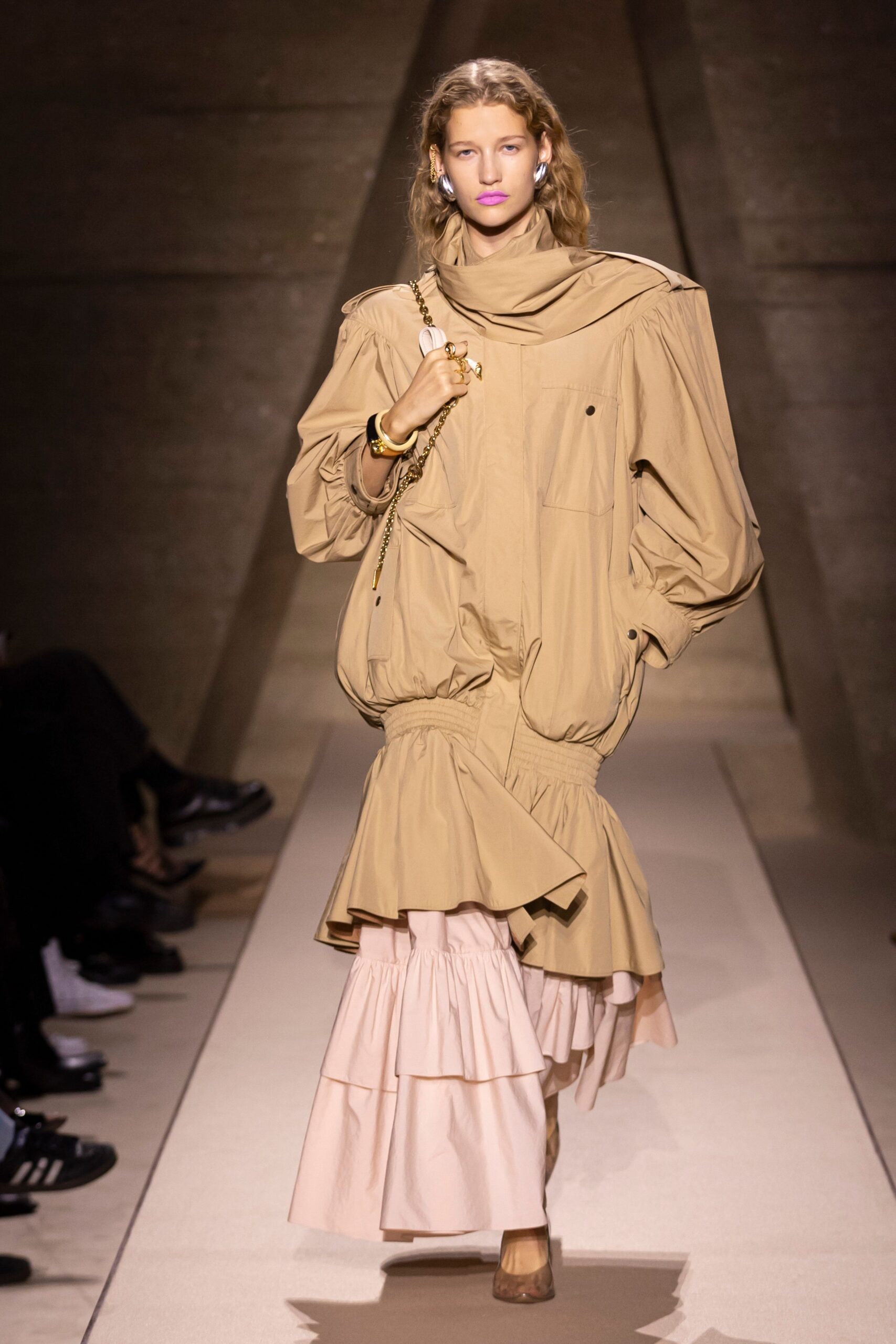 beige cotton long-sleeve high-neck relaxed layered pleated dress