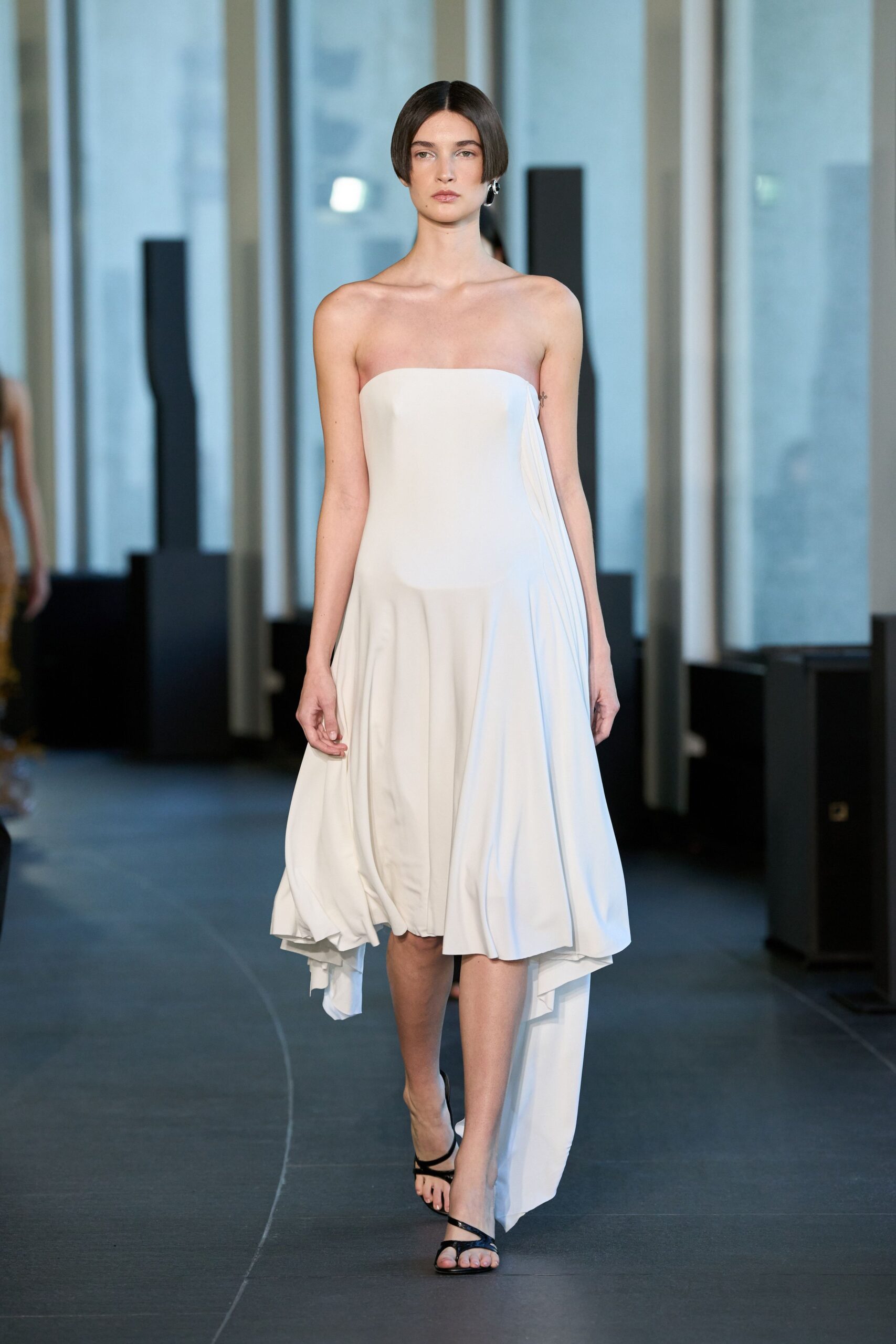 white silk strapless asymmetric fitted draped flowing dress