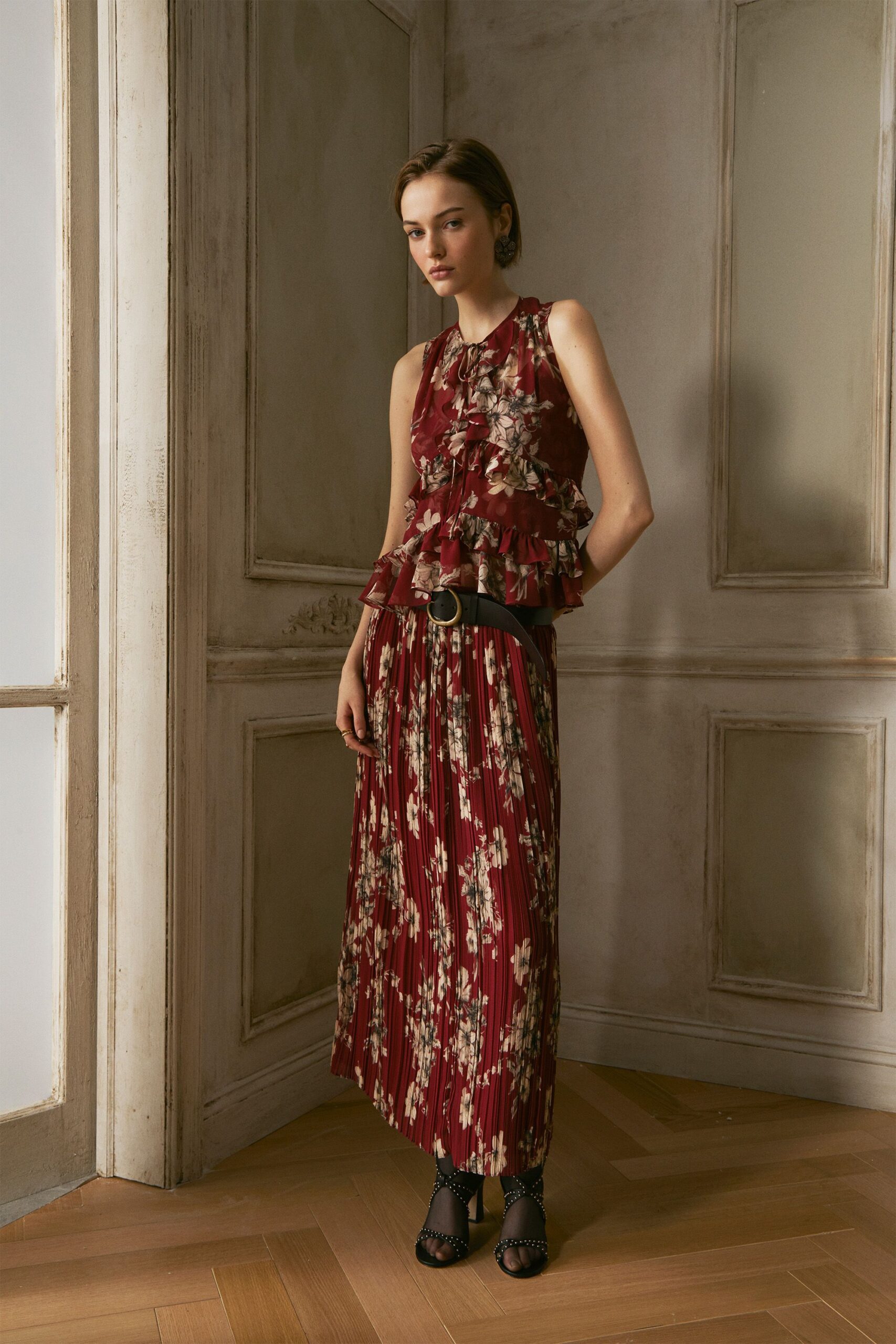 red floral maxi dress with belt
