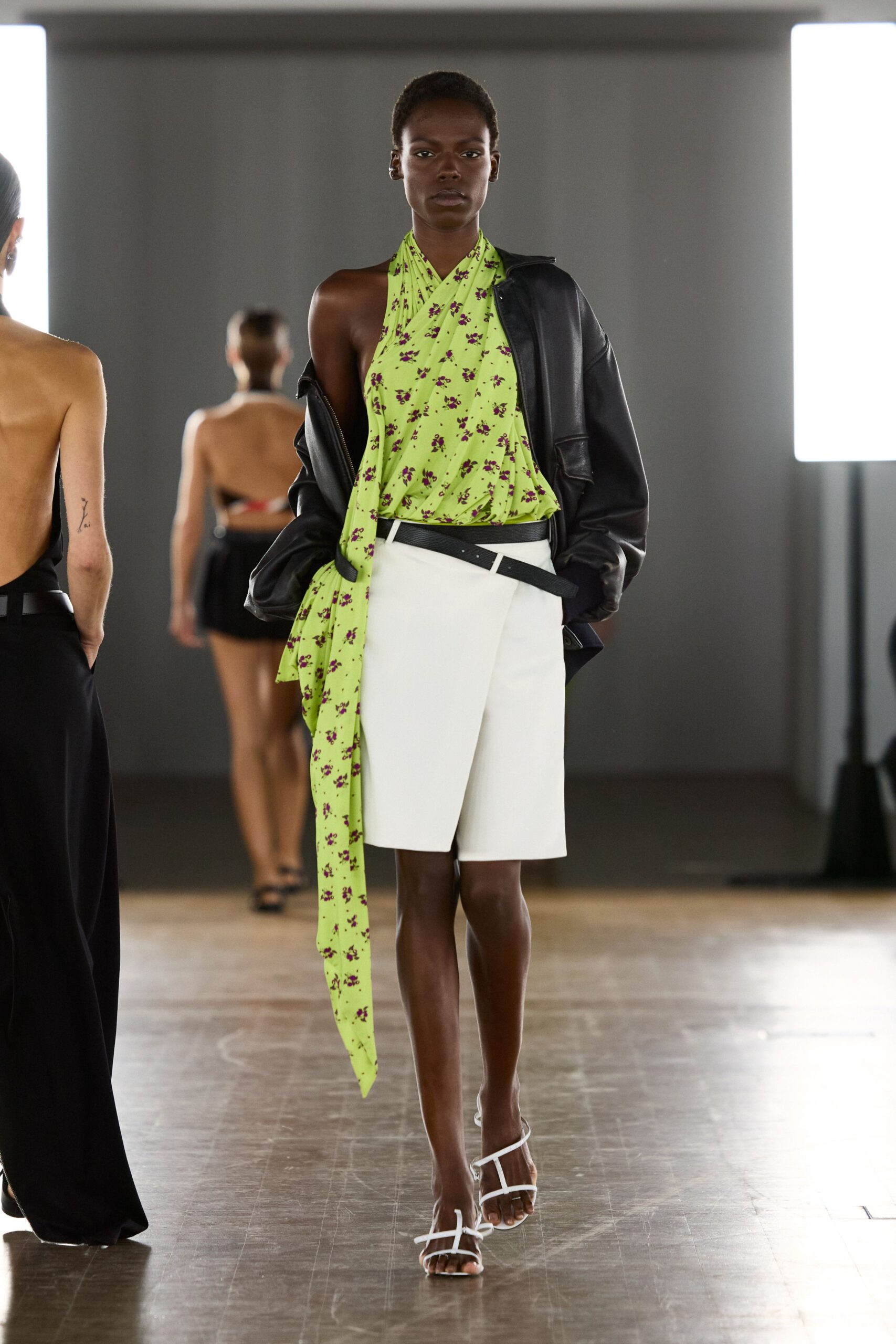 green sleeveless halter fitted floral top