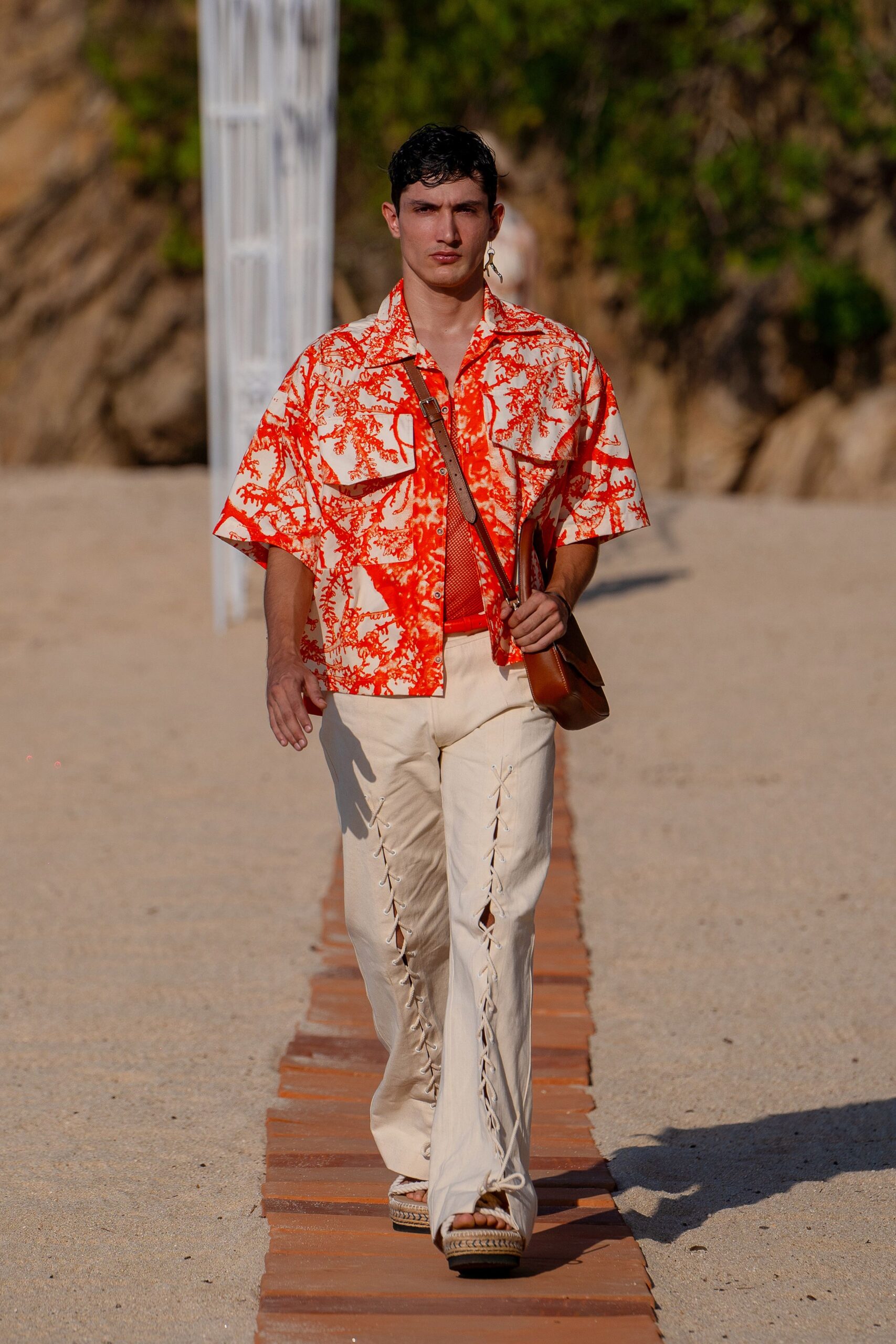 orange cotton short-sleeve collared relaxed printed shirt