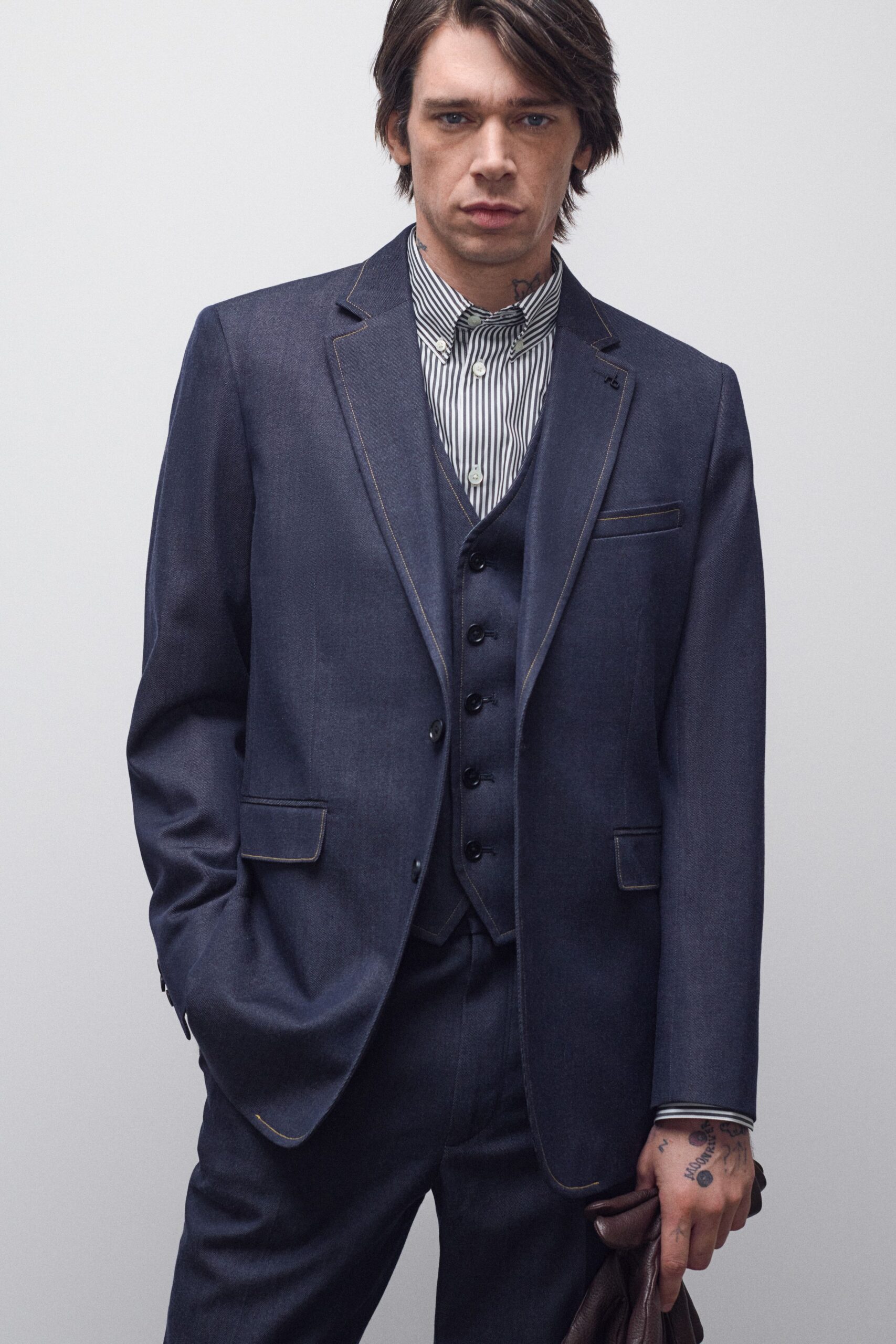 blue denim tailored buttoned vest