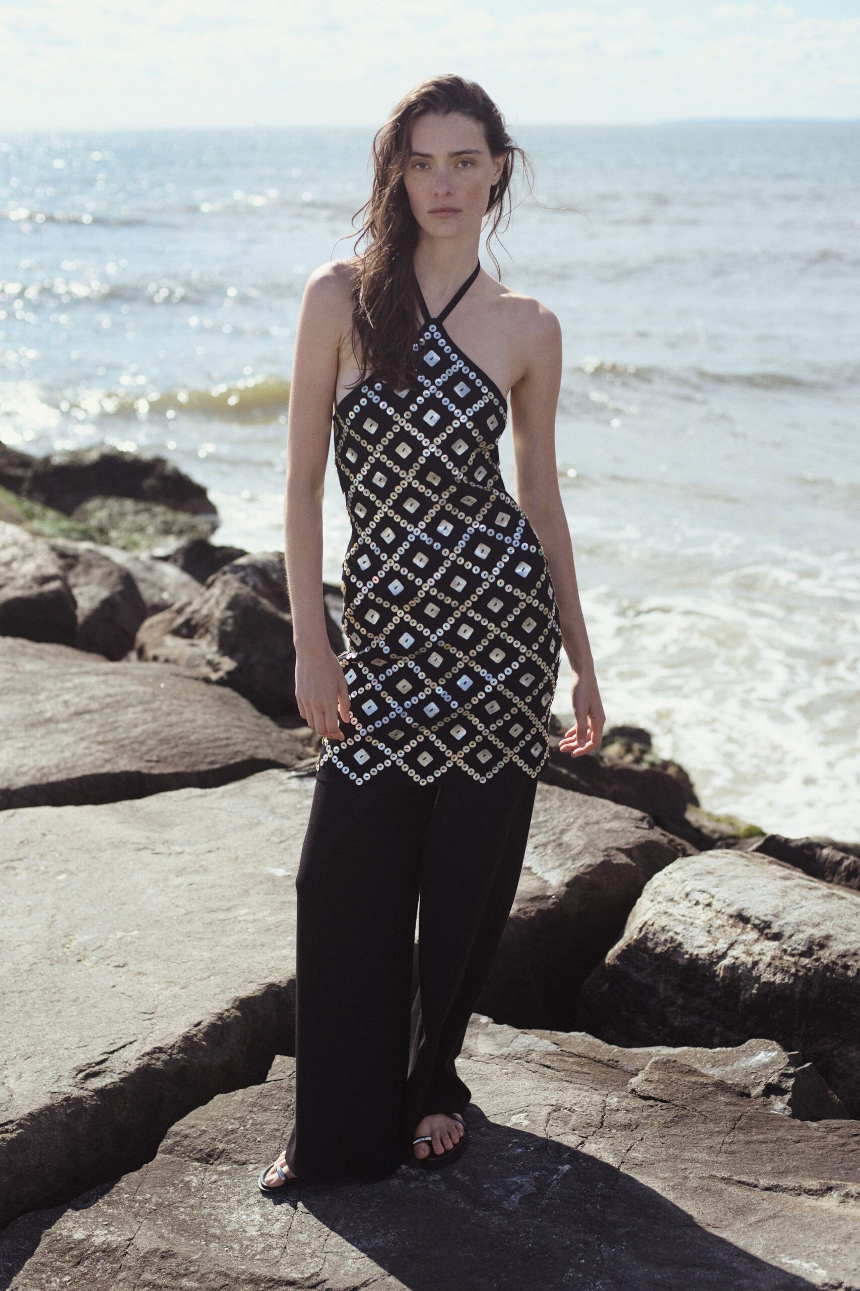black and white embroidered midi dress