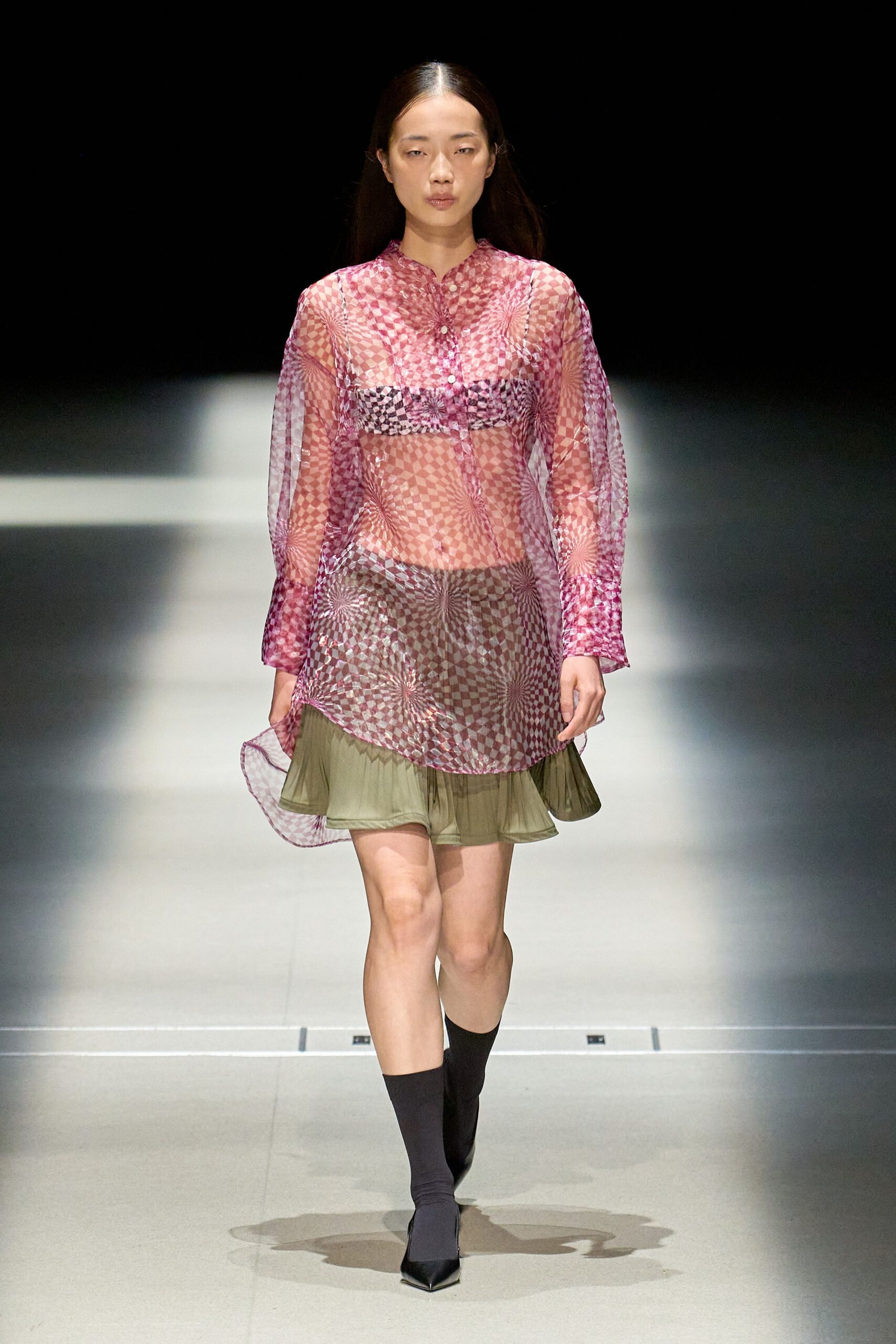 pink mesh long-sleeve collared fitted layered pleated dress