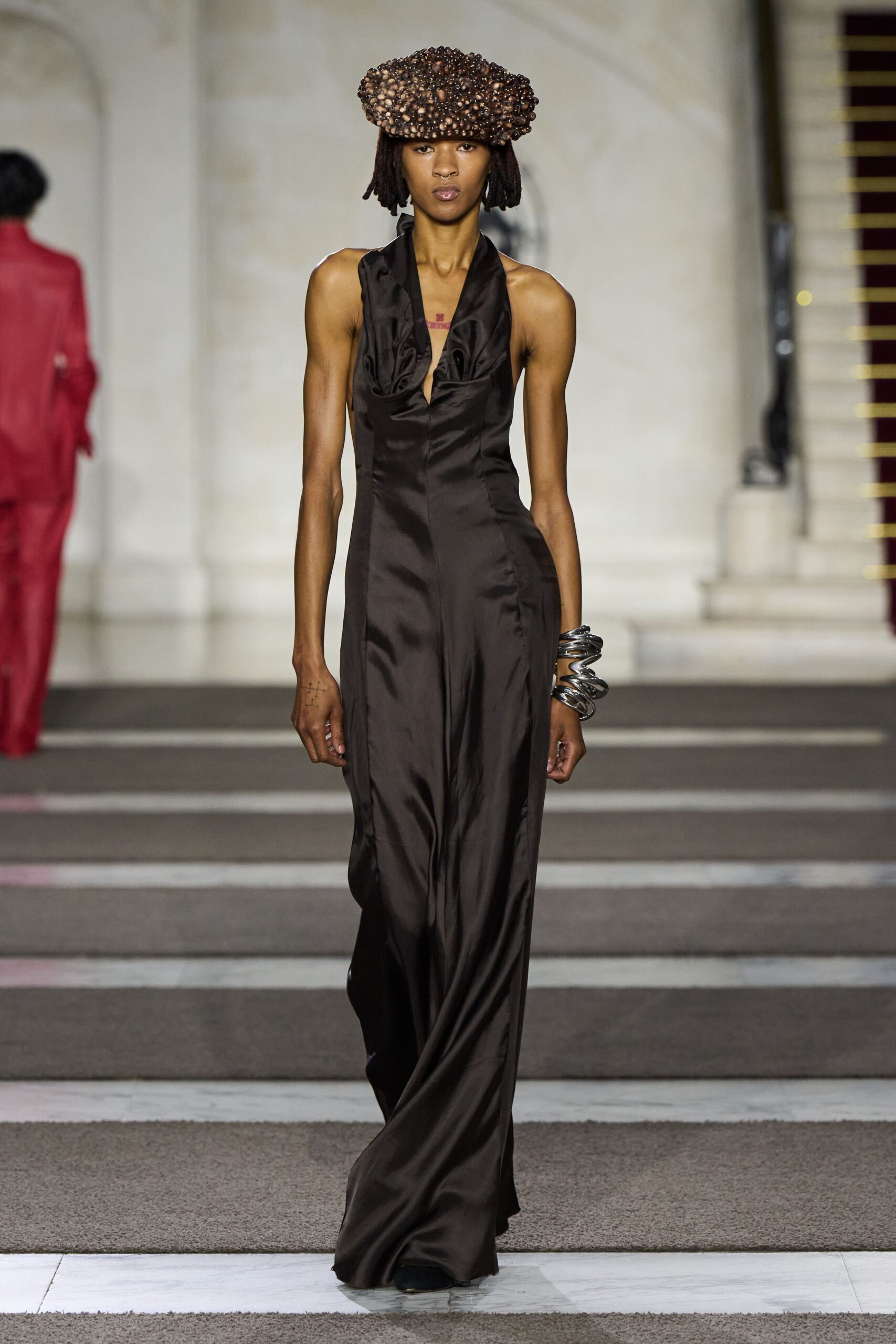 brown silk sleeveless v-neck fitted draped flowing gown