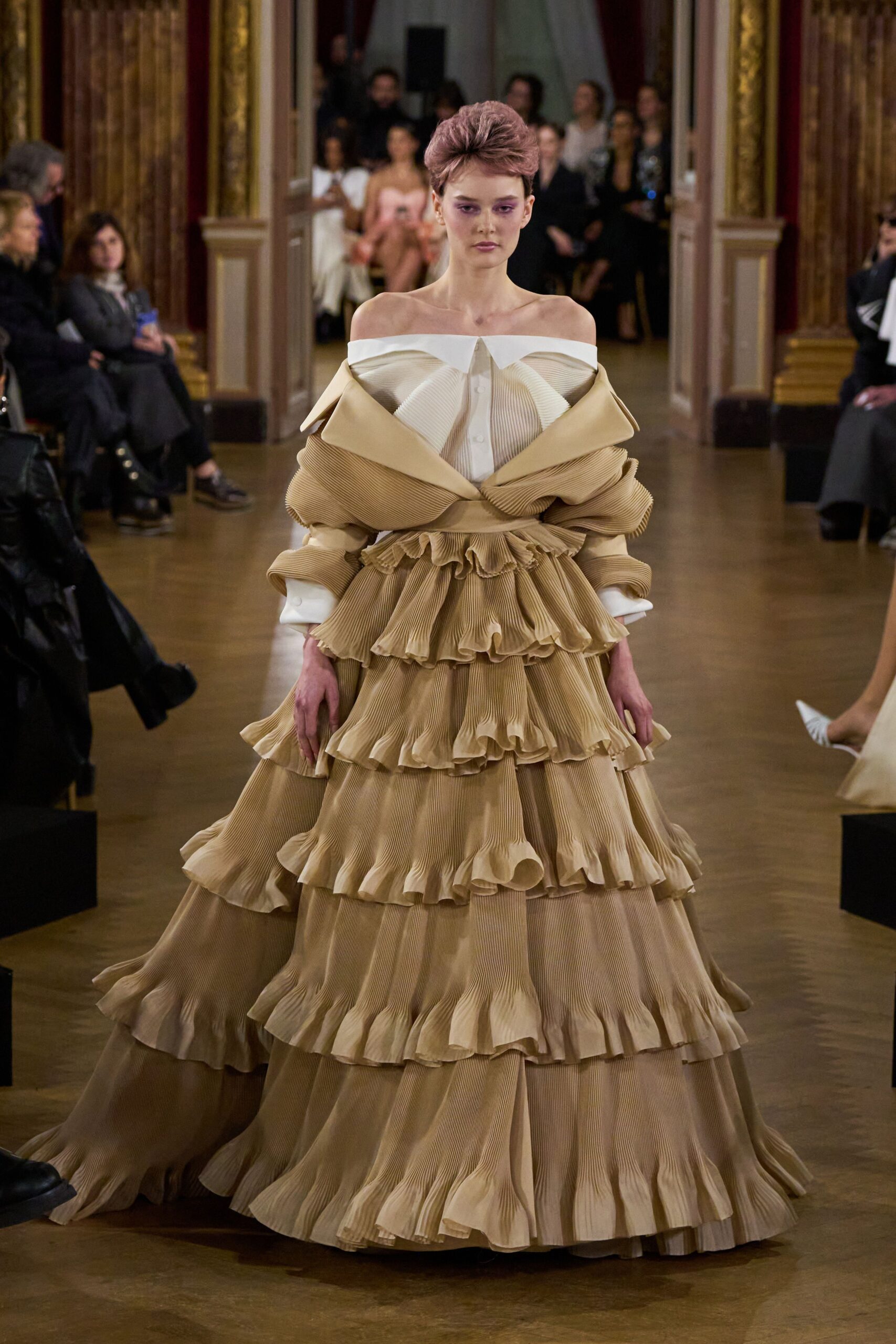 beige off-shoulder ruffled gown