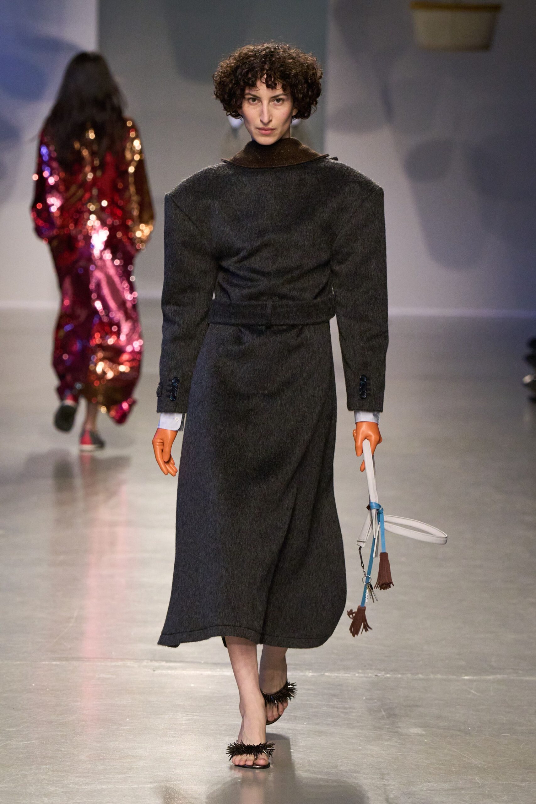 gray wool long-sleeve collared structured belted midi dress